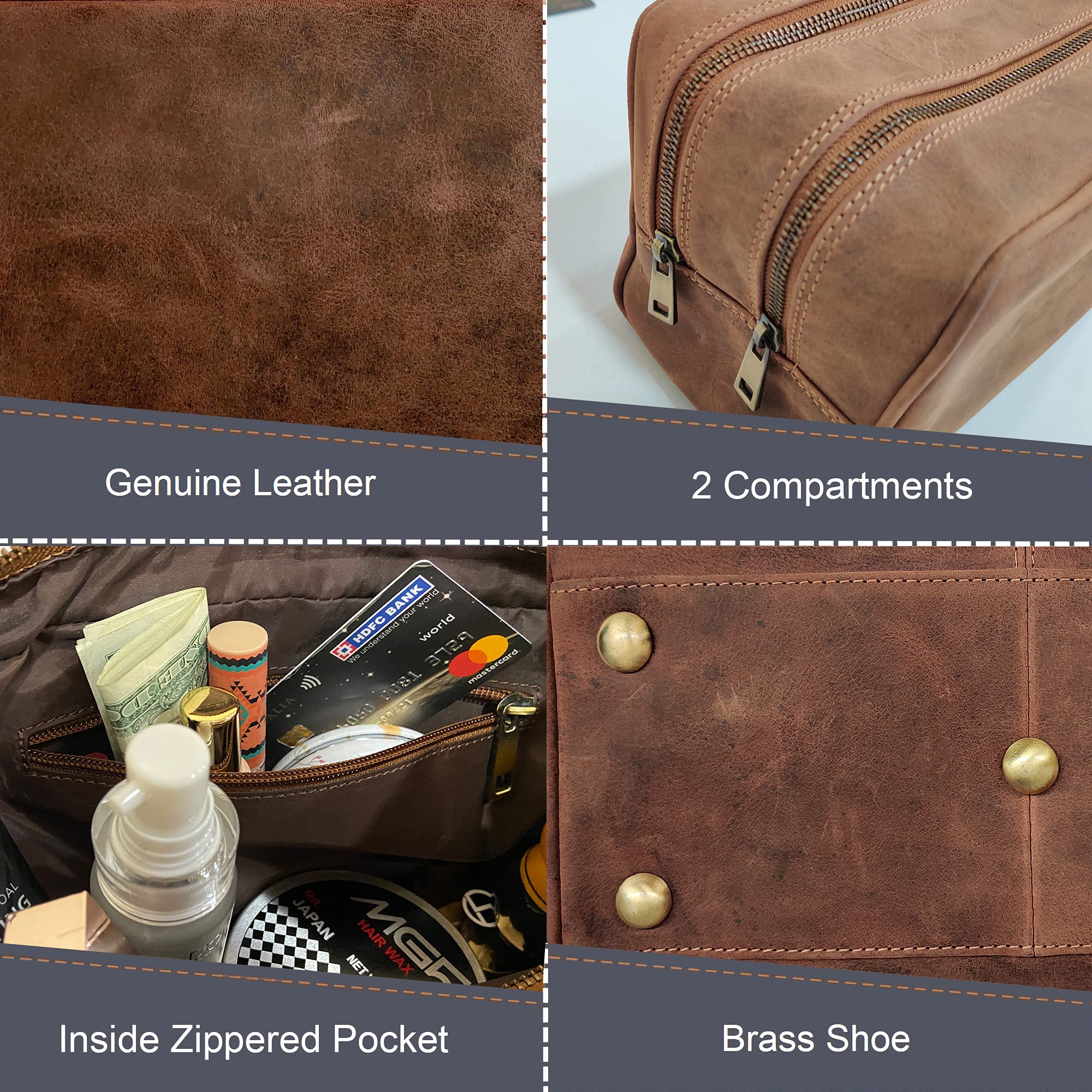 Premium Leather Toiletry Bag Set for Men & Women - Durable Travel Organizer with Rustic Design | Ideal for Gifts, Business Trips & Vacation Essentials (RUSTIC TOWN)