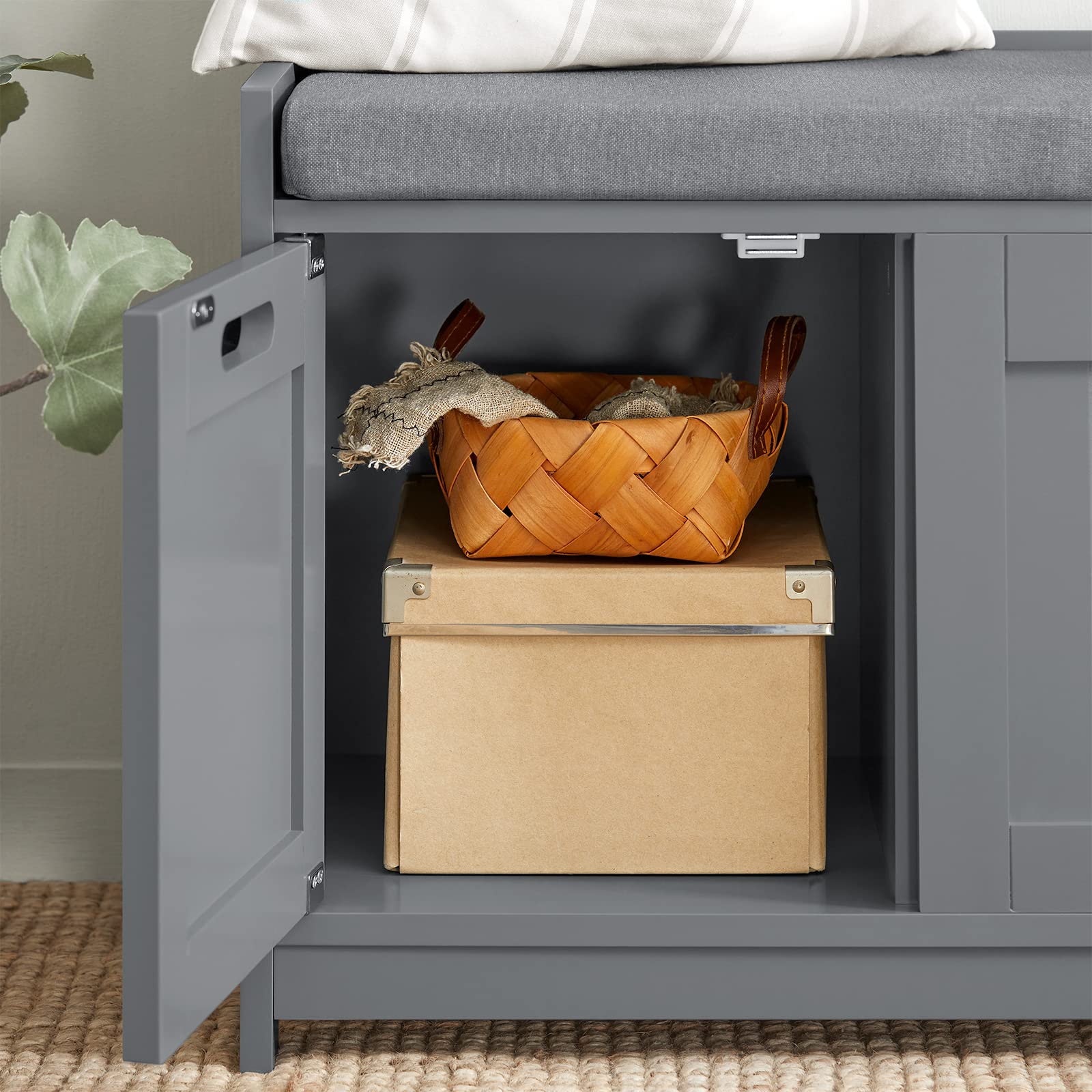Haotian Storage Bench with 2 Cabinets, 1 Drawer & Removable Cushion - Multifunctional Entryway Shoe Organizer Bench for Hallway, Bedroom, Nursery - Grey FSR80-SG | Perfect for Small Space Organization & Shoe Storage Solutions