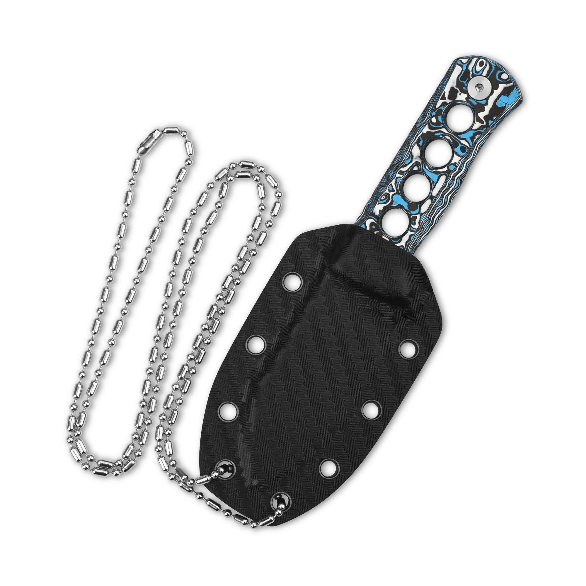 QSP Canary Neck Knife - Laminated Damascus Steel Blade with Camo Carbon Fiber Handle - Compact EDC Knife for Outdoor, Camping & Survival