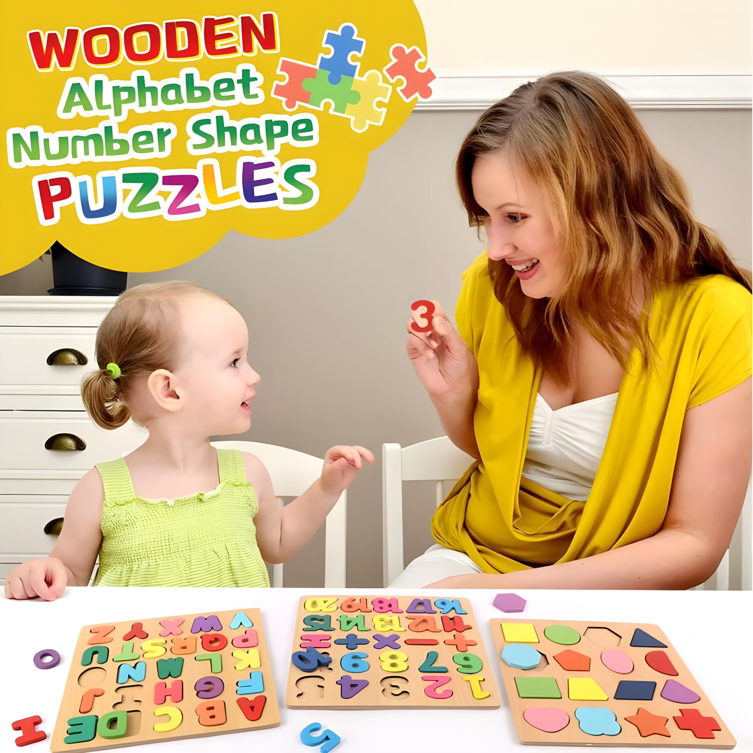BONIRY Wooden ABC Alphabet, Number & Shape Puzzle Toys for Toddlers Ages 2-4 - Educational Learning Toys for Kids - Perfect Gift for Preschool Boys & Girls - Montessori Classroom & Homeschool Activities