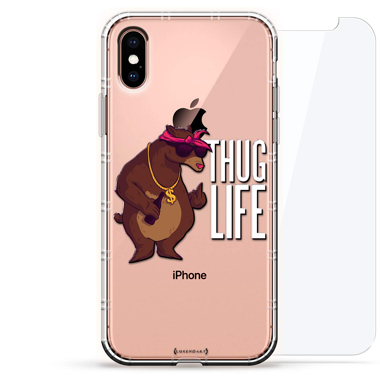 Thug Life Bear Sunglasses & Chain 3D Printed iPhone Xs/X Case - Luxendary Air Series 360 Bundle with Air Cushion Protection & Tempered Glass | Perfect for Streetwear Lovers & Hip-Hop Fashion Enthusiasts