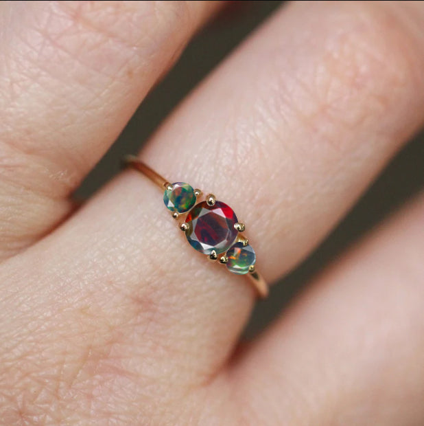 Elegant 3 Round Black Fire Opal Ring for Women | Sterling Silver Gemstone Jewelry | Perfect for Date Night, Wedding & Special Occasions