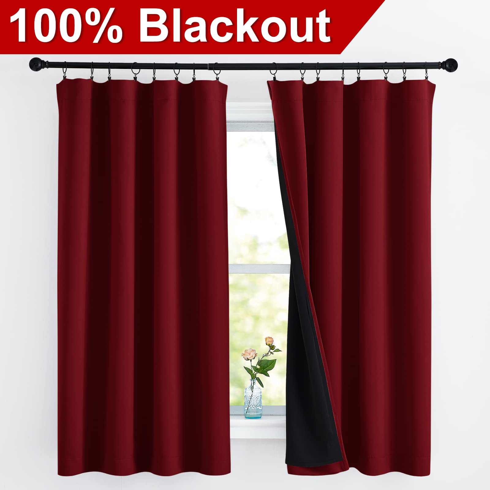 NICETOWN 100% Blackout Thermal Insulated Curtain Panels - Noise Reducing & Energy Saving Drapes for Bedroom & Living Room (Set of 2, Burgundy Red, 52x63 Inches) - Perfect for Home Theater, Nursery & Light Sleepers