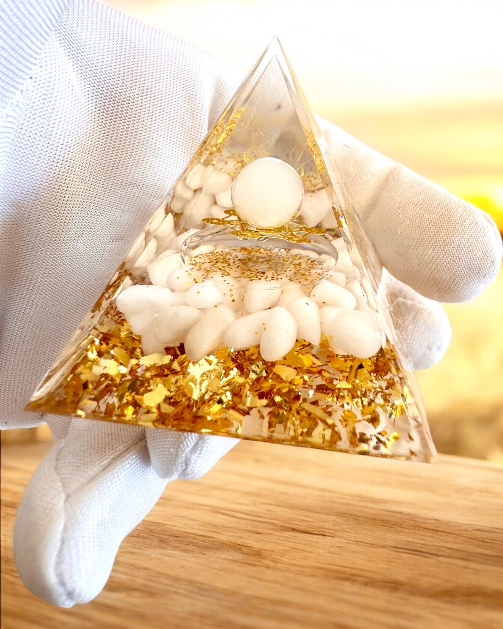 Orgonite Energy Pyramid with White Stones & Golden Harmony - Spiritual Healing, Meditation, Home Decor, Perfect Gift for Yoga & Reiki Practitioners