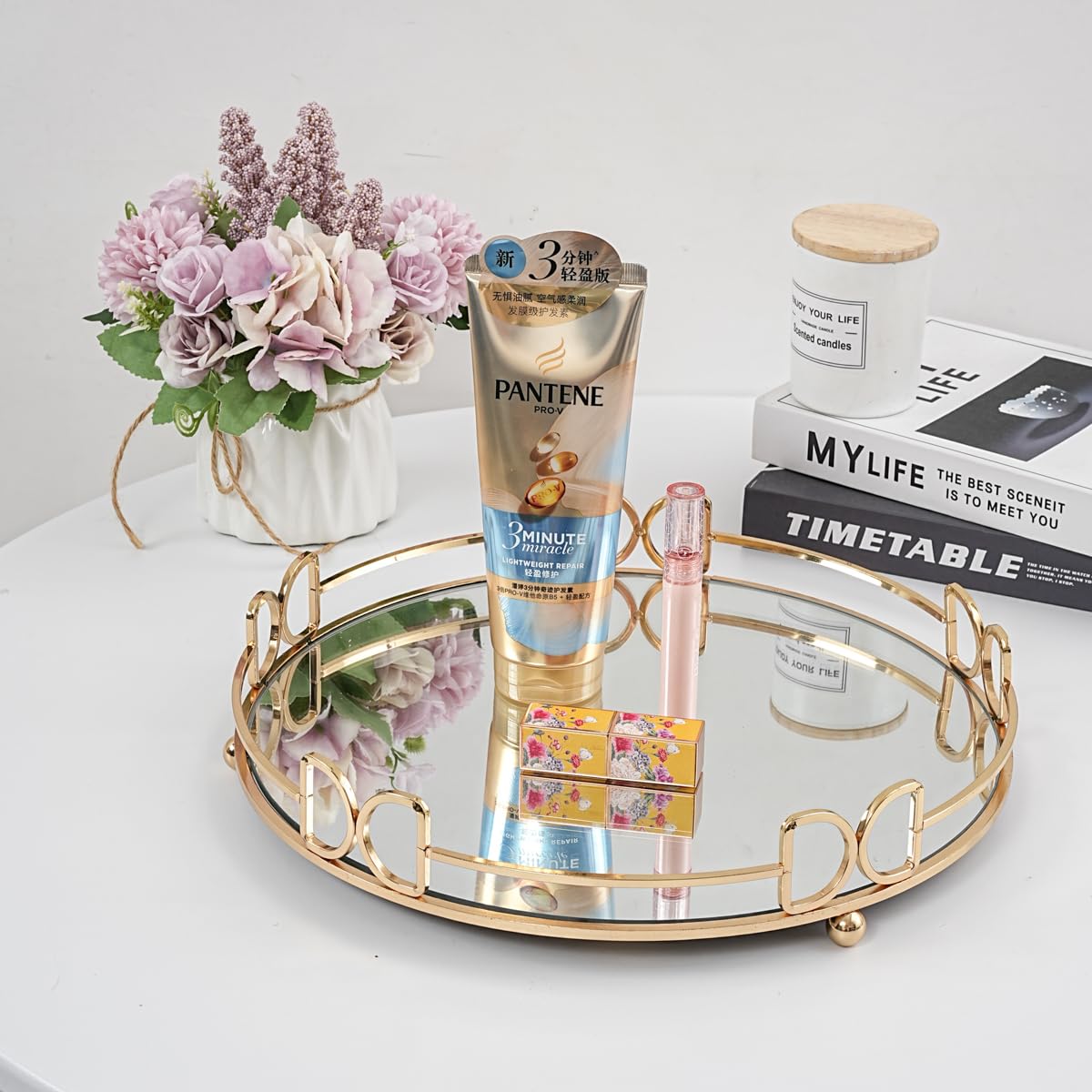 Round Metal Mirror Vanity Tray - Gold Cosmetic & Perfume Organizer for Dresser, Bathroom, Bedroom Countertop - Perfect for Makeup Storage, Jewelry Display & Bath Essentials (13×13 Inches)