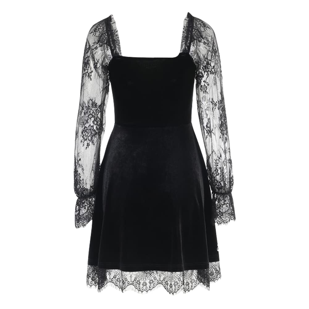 IDOPIP Gothic Lolita Floral Lace Long Sleeve Velvet Dress for Women - Elegant Black Suede Ruched Party Gown | Perfect for Wedding Guest, Evening Events & Gothic Fashion