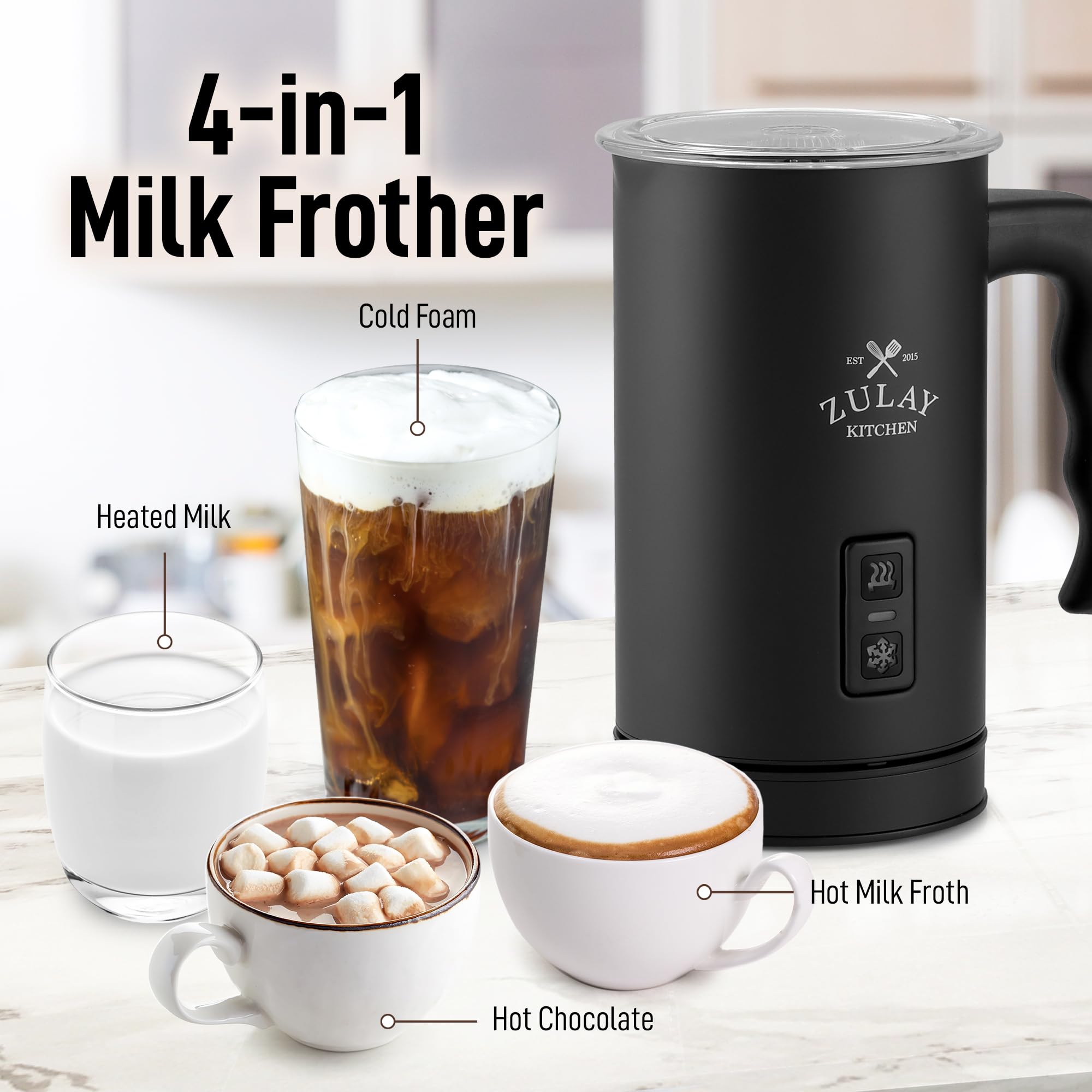 Zulay 4-in-1 Automatic Milk Frother and Steamer - Hot & Cold Foam Maker with Auto Shut Off & Temperature Control for Coffee, Latte, Cappuccino, Hot Chocolate - Perfect for Home Baristas and Coffee Lovers (Black)