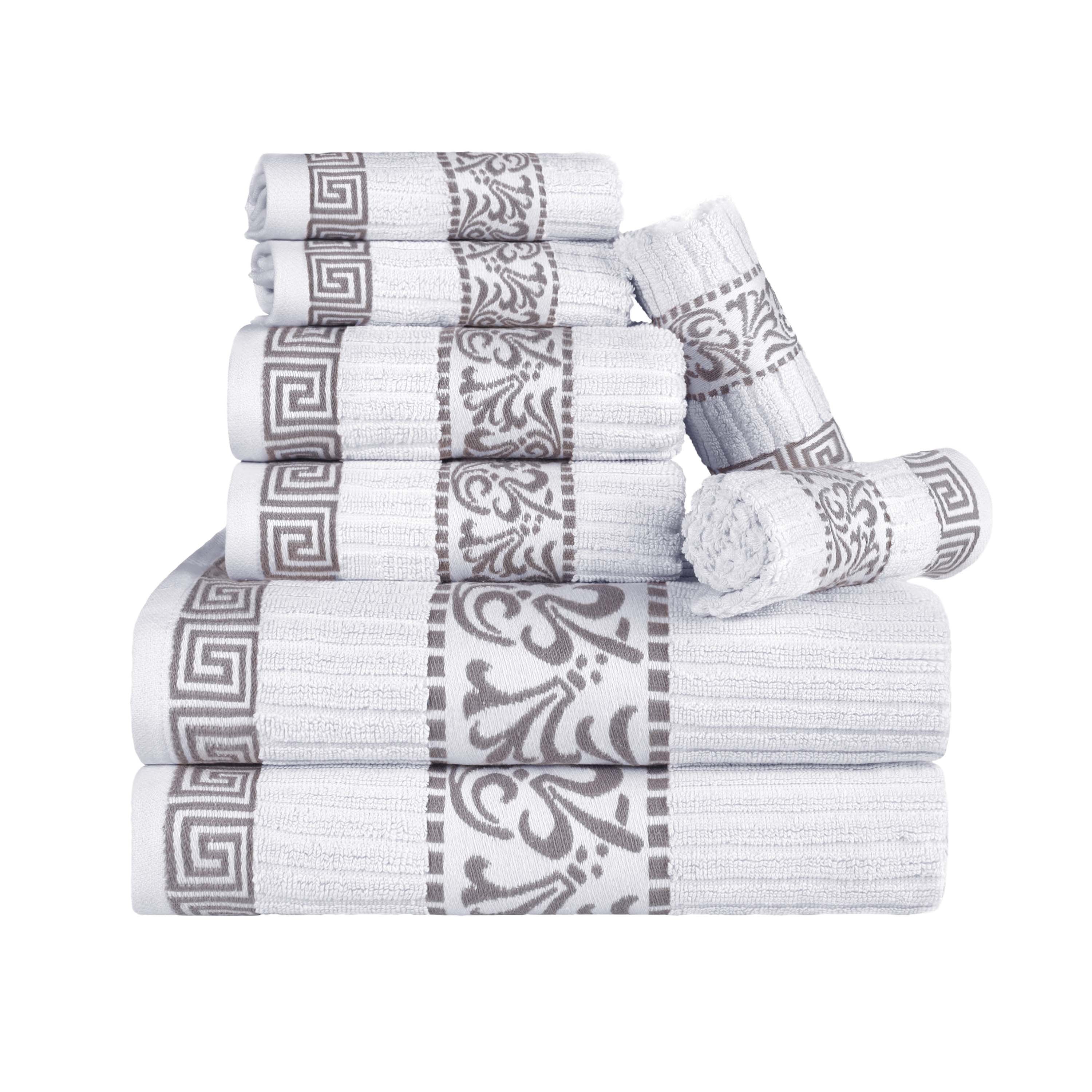 Premium 8-Piece Cotton Towel Set with Greek Scroll & Floral Design - Soft Bath Towels, Hand Towels & Washcloths - Perfect for Bathroom, Spa & Luxury Home Decor