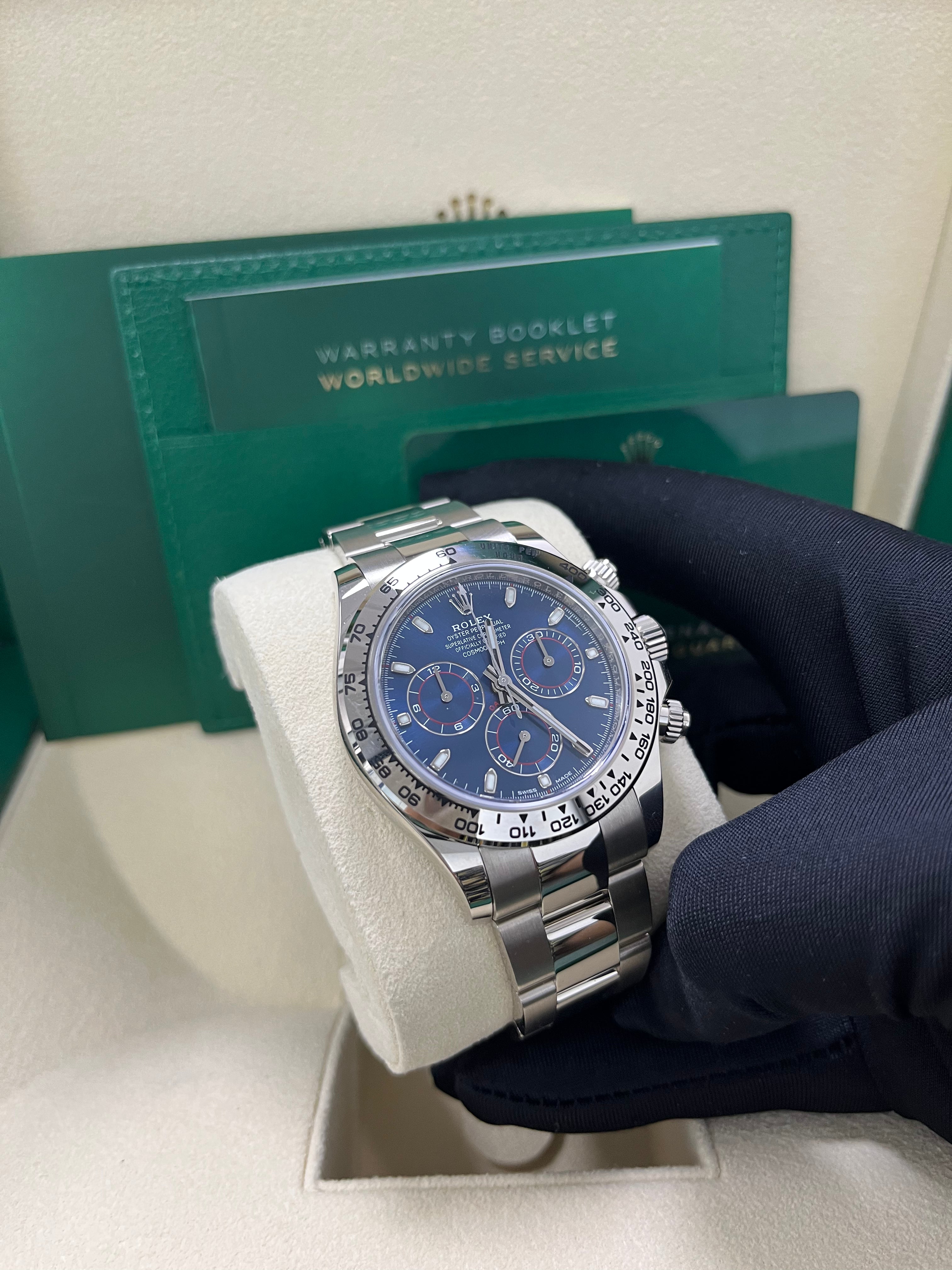 Rolex Daytona 40mm White Gold Cosmograph Watch with Blue Index Dial (Ref# 116509) - Luxury Men's Chronograph for Business, Racing & Special Occasions