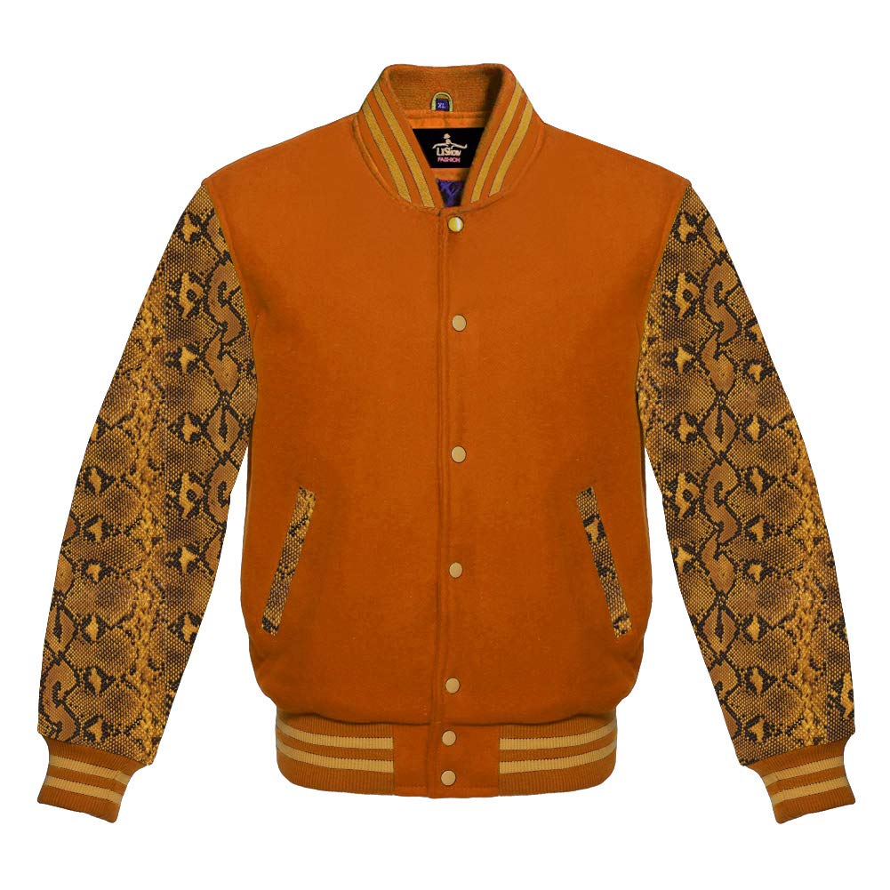 Varsity Jacket - Baseball Letterman Bomber Jacket with Orange Wool Body & Snake Skin Sublimated Cowhide Leather Sleeves | High School Style, Vintage Fashion, Streetwear Outfit for Men & Women