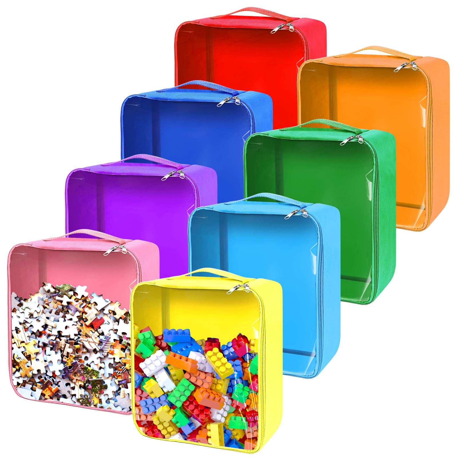 8 Pack Clear PVC Zipper Toy Storage Bags - Waterproof Organizing Pouches for Building Blocks, Books, Puzzles - Perfect for Kids Room, Playroom & Travel Organization