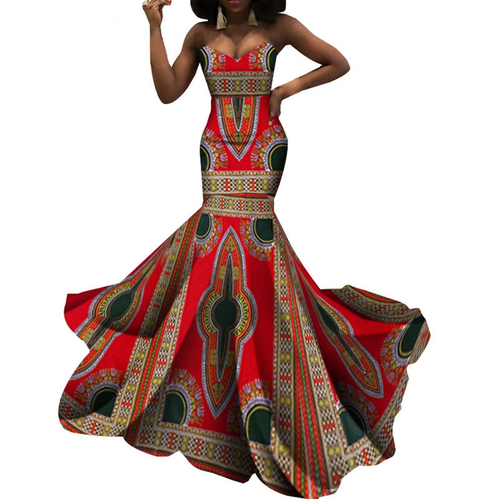 iooiooi Strapless Sexy Floor-Length African Wedding Dress - Wax Cotton Fabric for Bridal, Prom & Formal Events