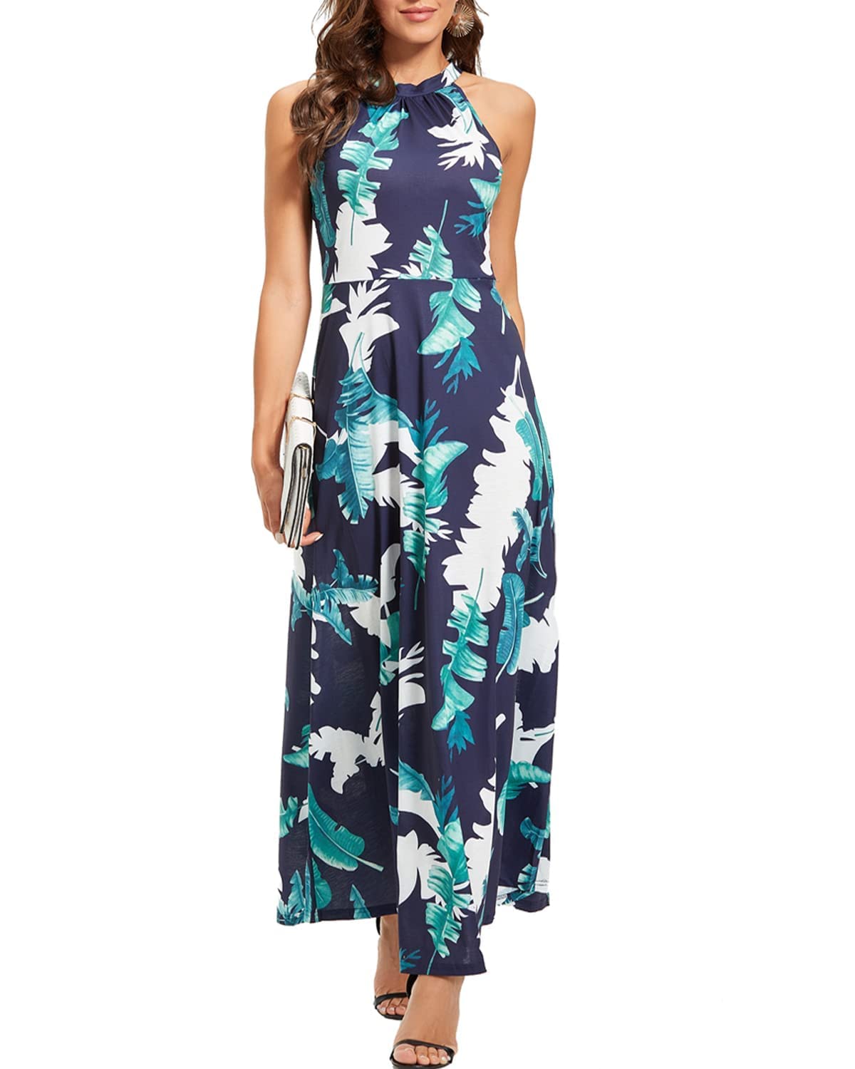 STYLEWORD Women's Summer 2025 Floral Maxi Dress - Halter Neck Sexy Formal Gown for Wedding Guest, Beach Party & Special Occasions