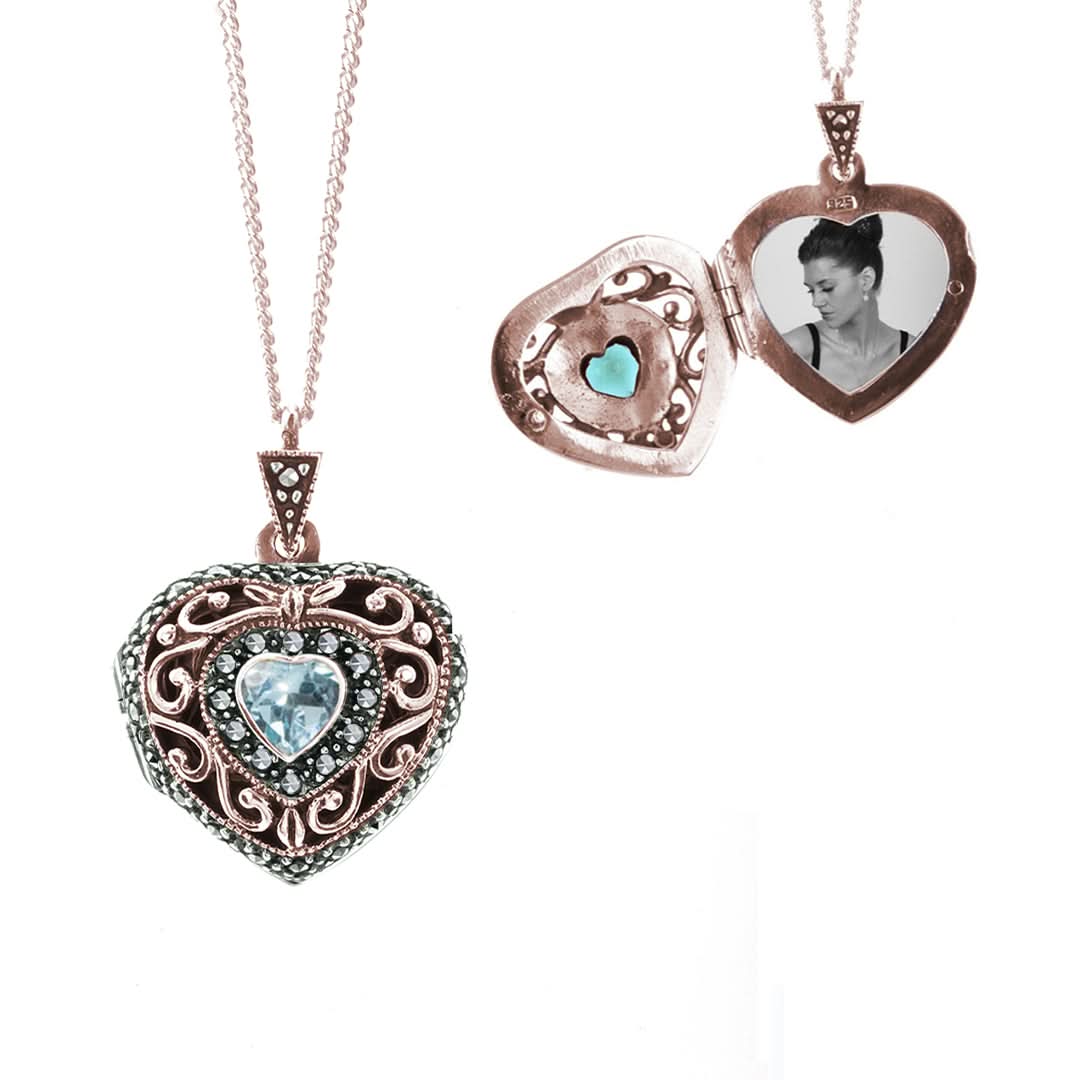 Vintage Blue Topaz Heart Locket Necklace in Rose Gold - Perfect for Valentine's Day Gifts & Anniversary Presents