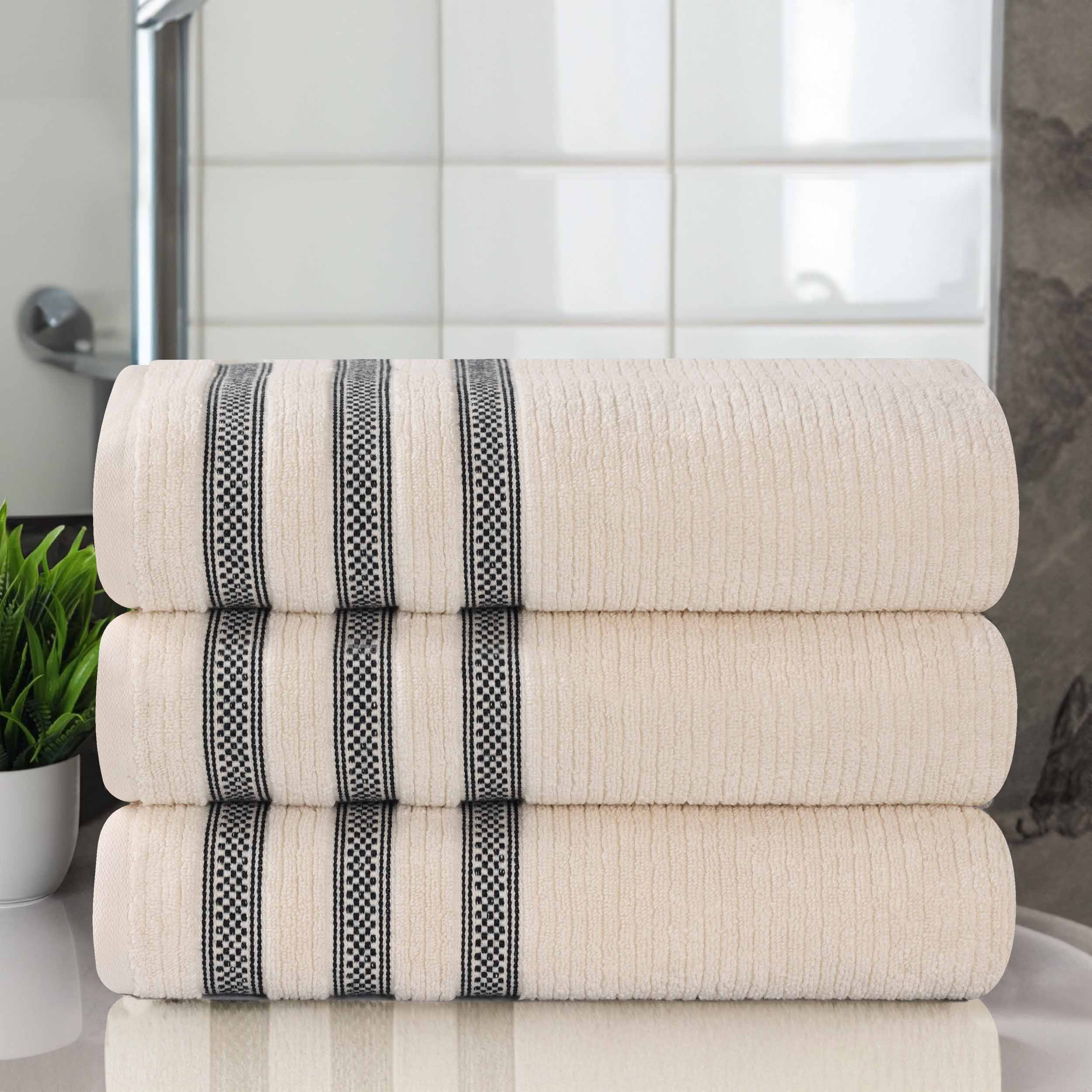 Soft Zero Twist Cotton Ribbed Geometric Border Plush Bath Towel Set of 3 - Ultra Absorbent & Quick Dry for Spa, Beach, and Luxury Bathroom Use