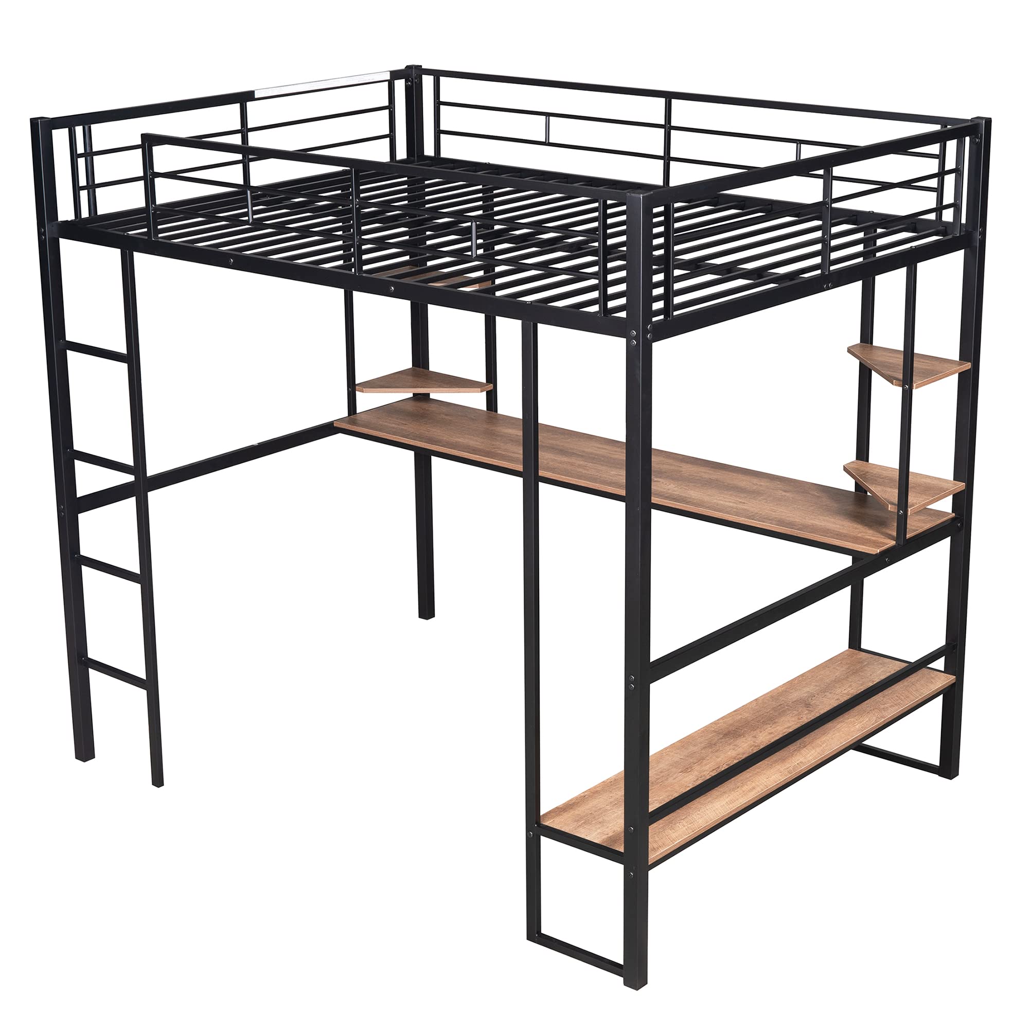 Harper & Bright Designs Full Metal Loft Bed Frame with Built-in Desk & Storage Shelves - Heavy Duty Steel Construction for Kids, Teens & Adults - Space-Saving Black Bedroom Furniture for Small Rooms, Dorms & Apartments