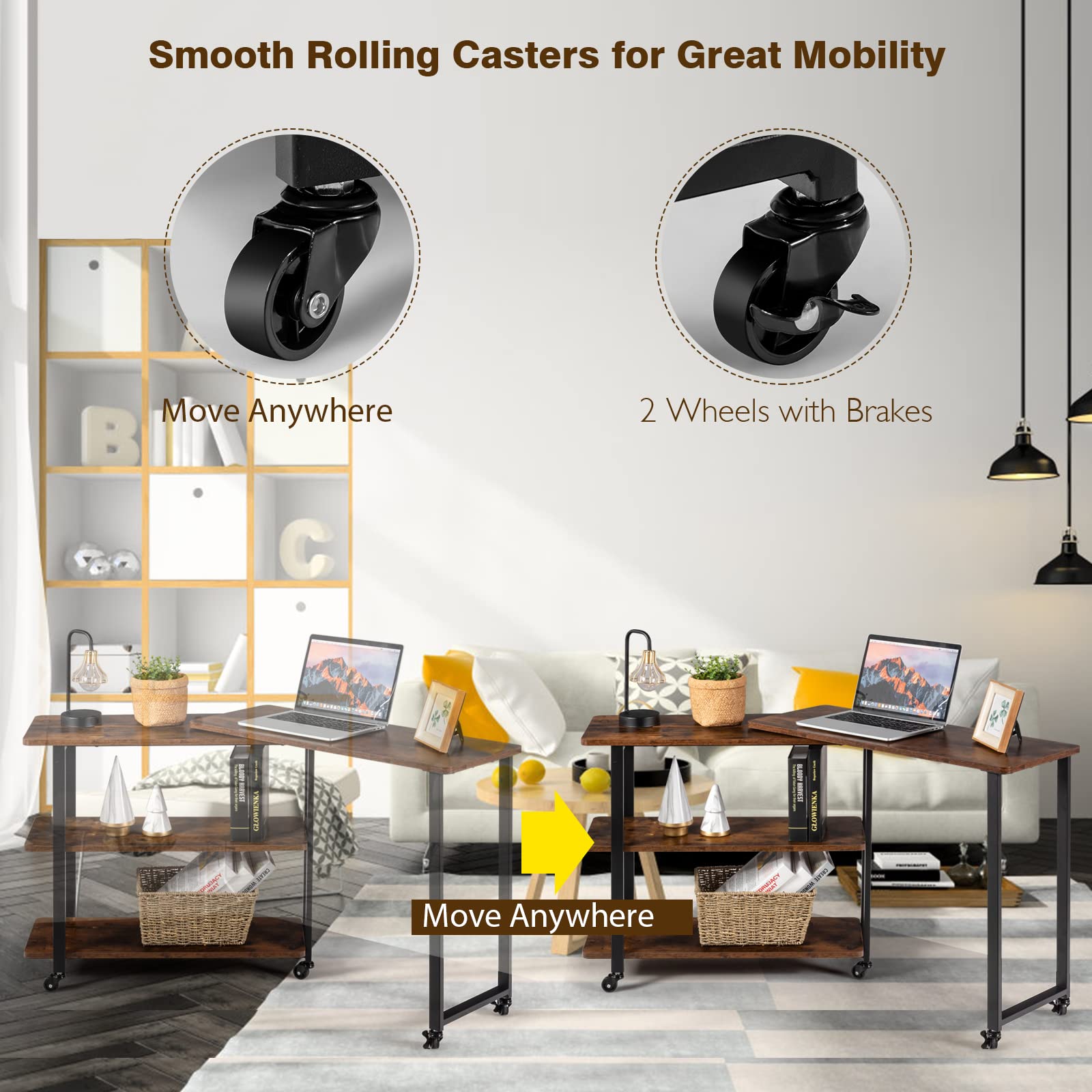 Tangkula 360° Rotating Side Table for Couch - Patented Mobile Laptop Desk with 2-Tier Storage Shelves & Sturdy Metal Frame - Perfect for Home Office, Living Room, Bedroom - Ideal for Snacks, Drinks, Books & Remote Work