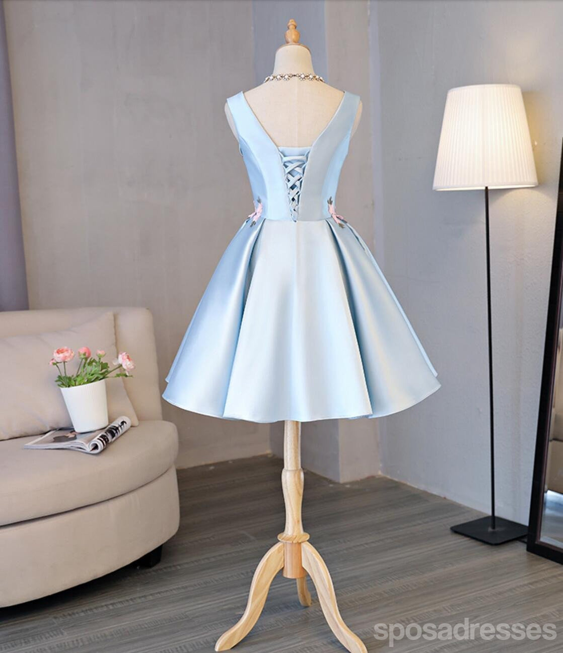 Light Blue Scoop Neck Handmade Floral Prom Dress - Affordable Short Party Dress for Homecoming, Sweet 16 & Cocktail Events | Perfect for Dances, Formals & Special Occasions | Style CM326