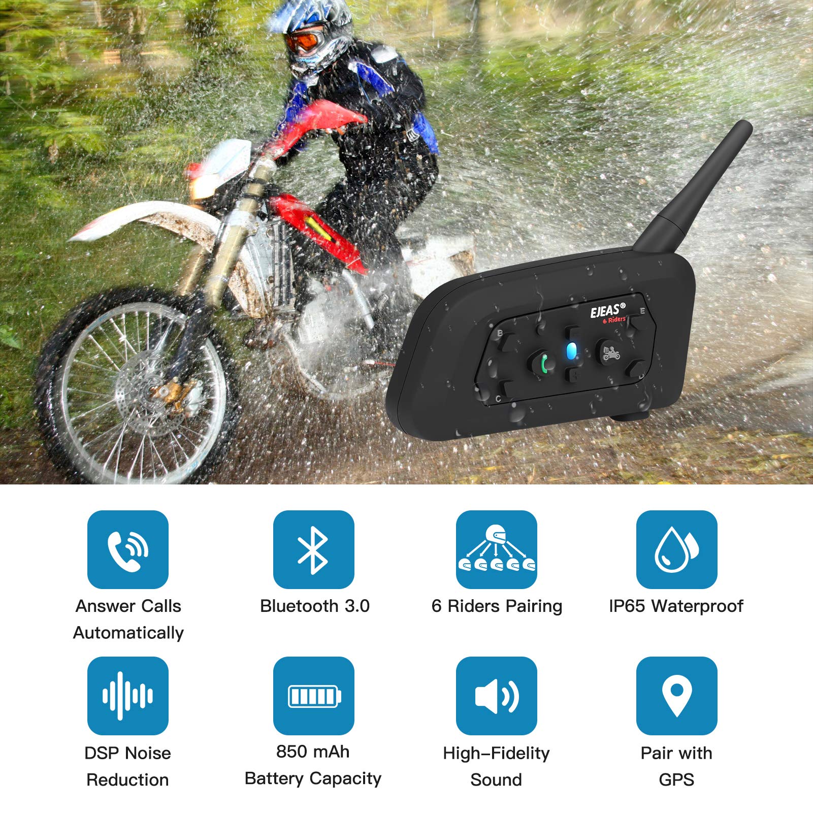 EJEAS V6 Pro Motorcycle Bluetooth Helmet Headset - 1200M Range, 6-Way Intercom, Full Duplex Wireless Communication for Motorcycling, Skiing & Climbing - Ideal for Group Rides, Outdoor Adventures & Extreme Sports (1 Pack)