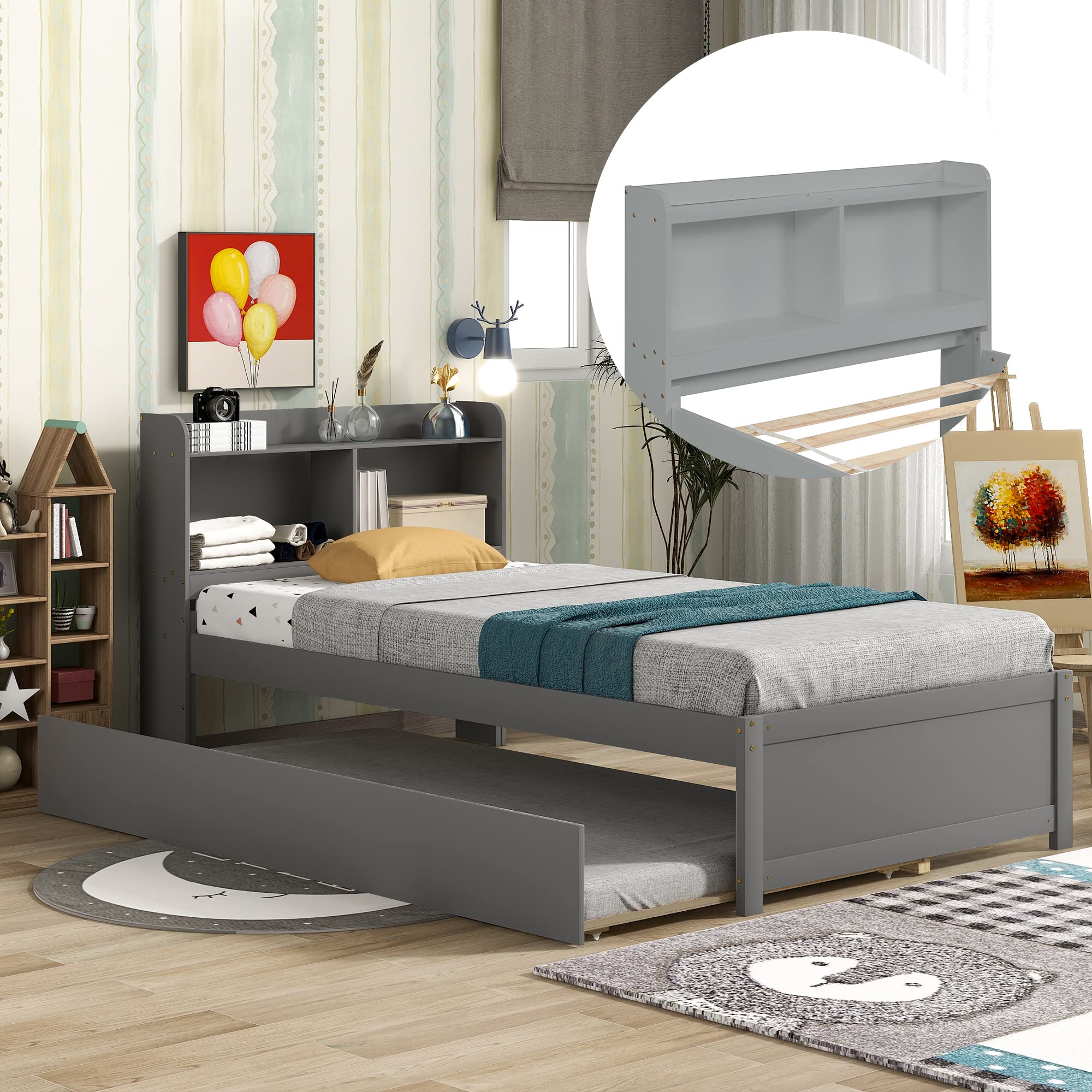 Harper & Bright Designs Twin Bed with Trundle - Wooden Twin Platform Bed Frame with Bookcase Headboard & Pull-Out Trundle Bed for Kids (No Box Spring Needed) - Perfect for Small Bedrooms, Guest Rooms & Kids' Sleepovers (Grey)