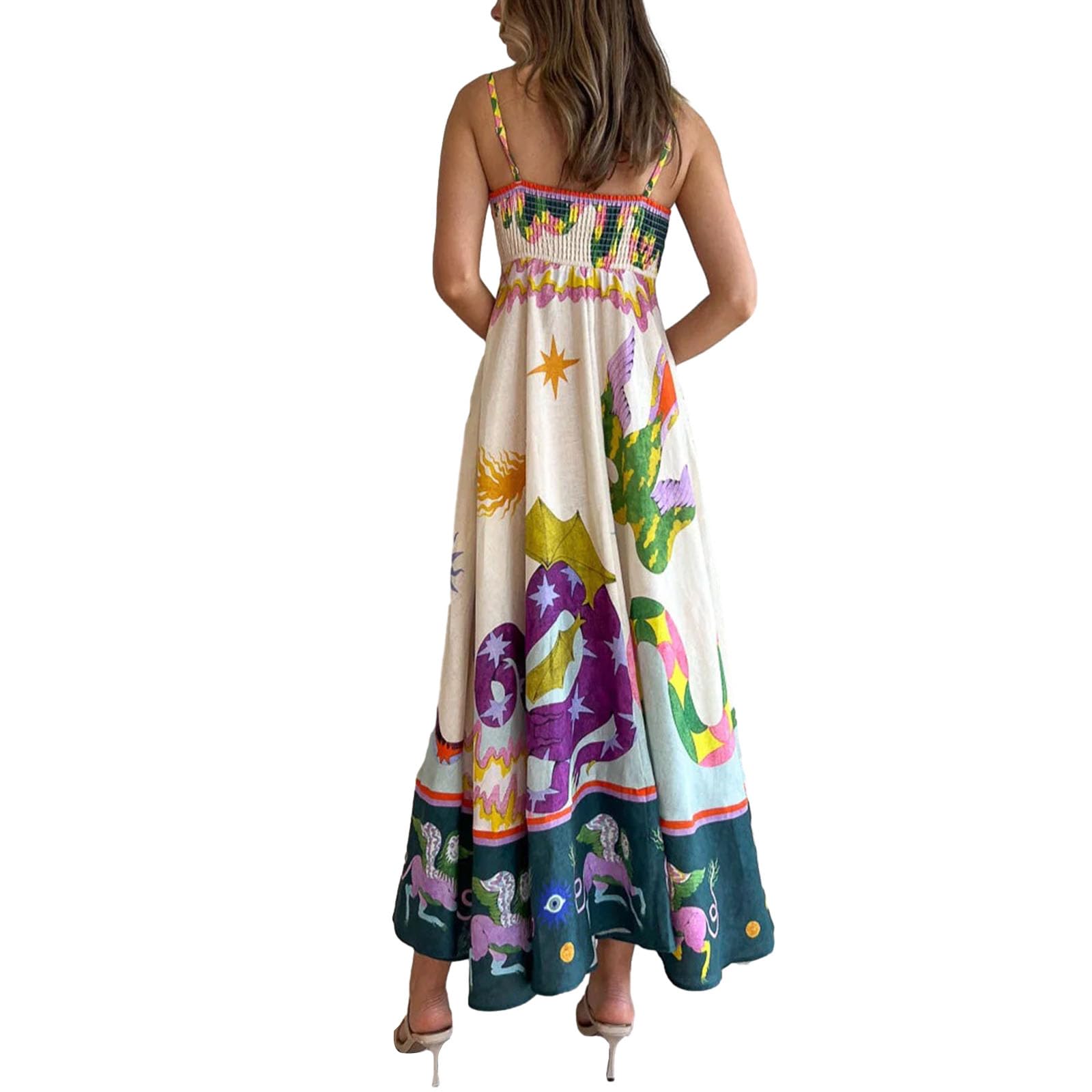 Yuemengxuan Women's Boho Floral Print Spaghetti Strap Maxi Dress - Sleeveless A-Line Summer Long Dress for Party, Cocktail & Streetwear | Perfect for Beach Vacations, Date Nights & Music Festivals