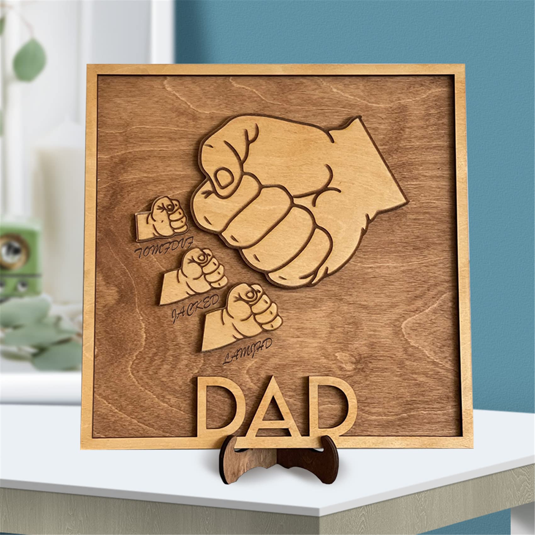 **Personalized Wooden Dad Plaque - Custom Engraved Family Name Sign for Father's Day, Desk Decor Gift for Dad, Daddy, Papa, Grandpa from Daughter, Son, Wife - Perfect for Home, Office, or Man Cave Decor**
