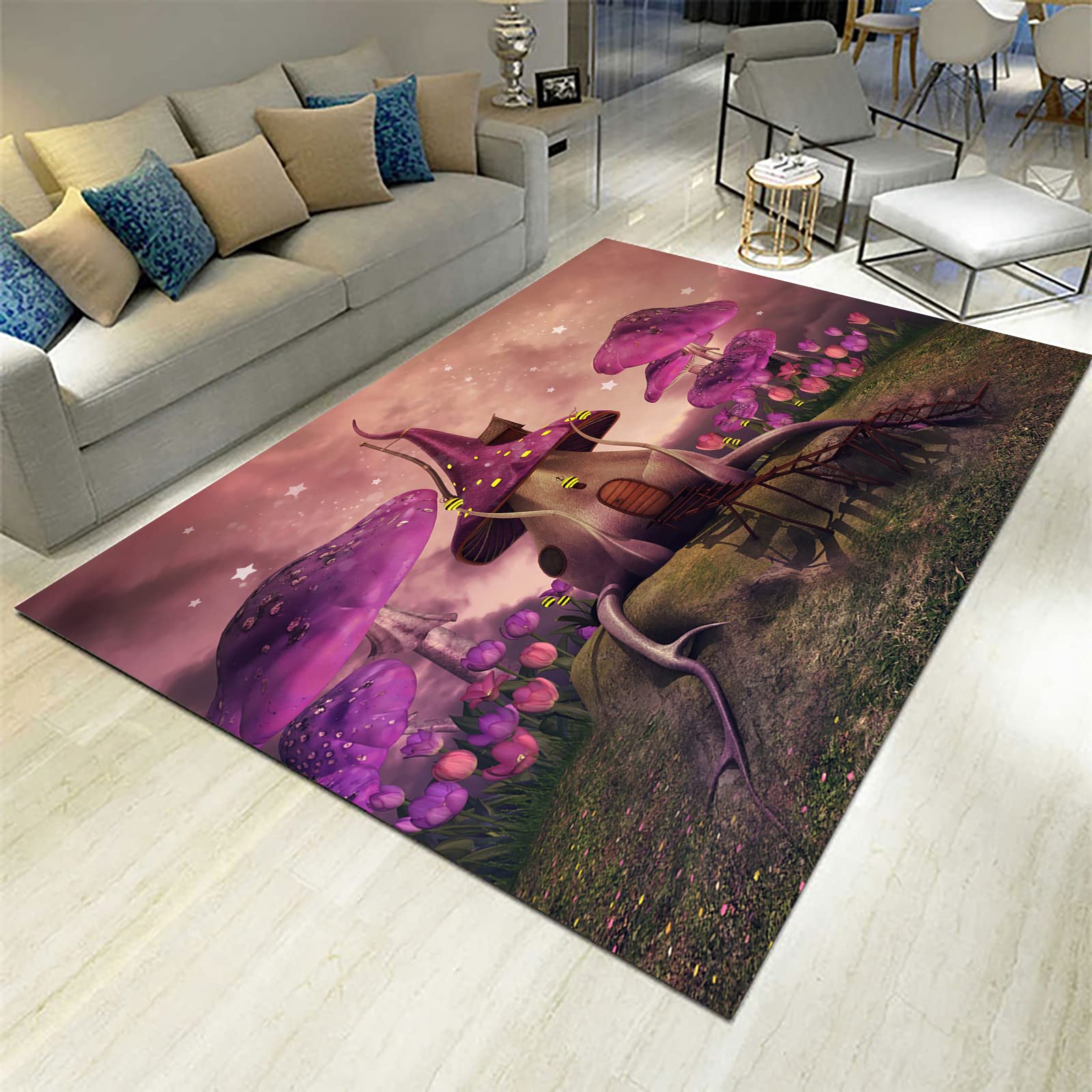 Trippy Mushroom Fantasy 3D Area Rug - Soft Non-Slip Carpet for Living Room, Bedroom & Dorm | Boho Decor, Psychedelic Home Accent, Kids Play Mat