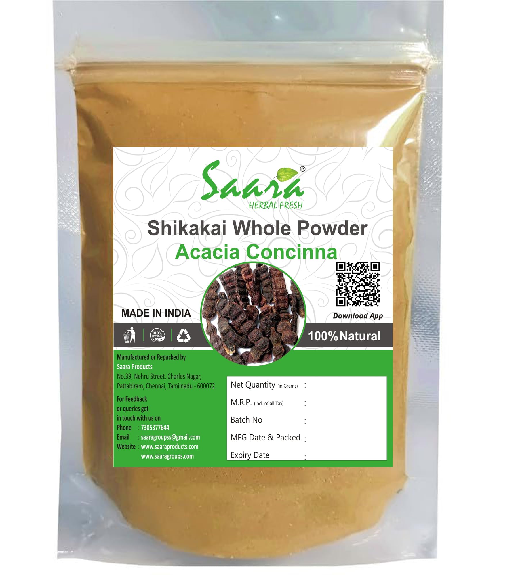 Saara HERBAL FRESH Shikakai Powder 200g (Pack of 2 x 100g) - Natural Shikakai, Soap Pod, Acacia Concinna for Hair & Skin Care - Promotes Hair Growth & Scalp Health - Ideal for DIY Shampoo & Ayurvedic Beauty Treatments