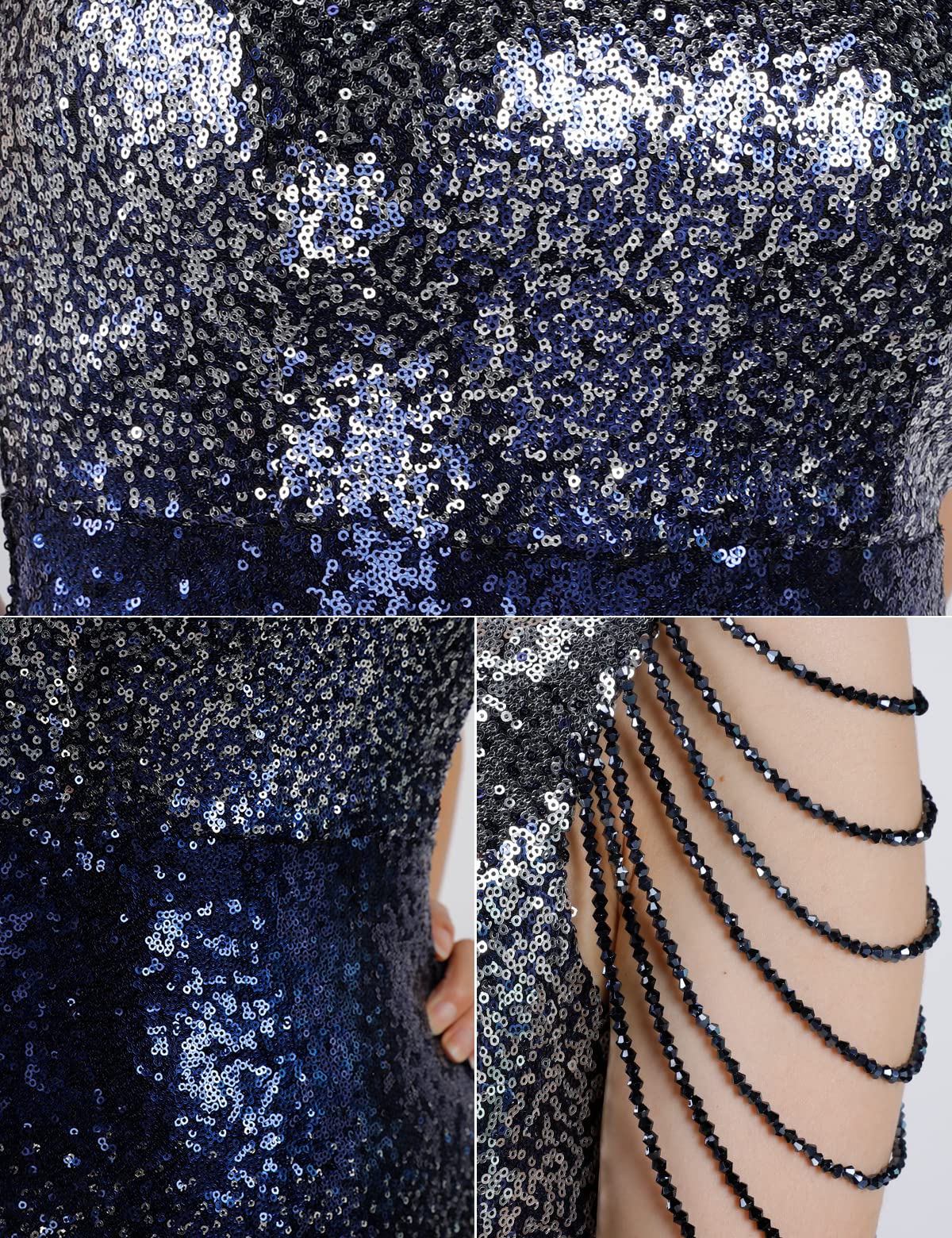 Elegant 1920s Style Women's V-Neck Sequin Evening Gown with Tassel Bead Sleeves - Mermaid Maxi Dress for Formal Parties, Military Balls & Gatsby Themed Events