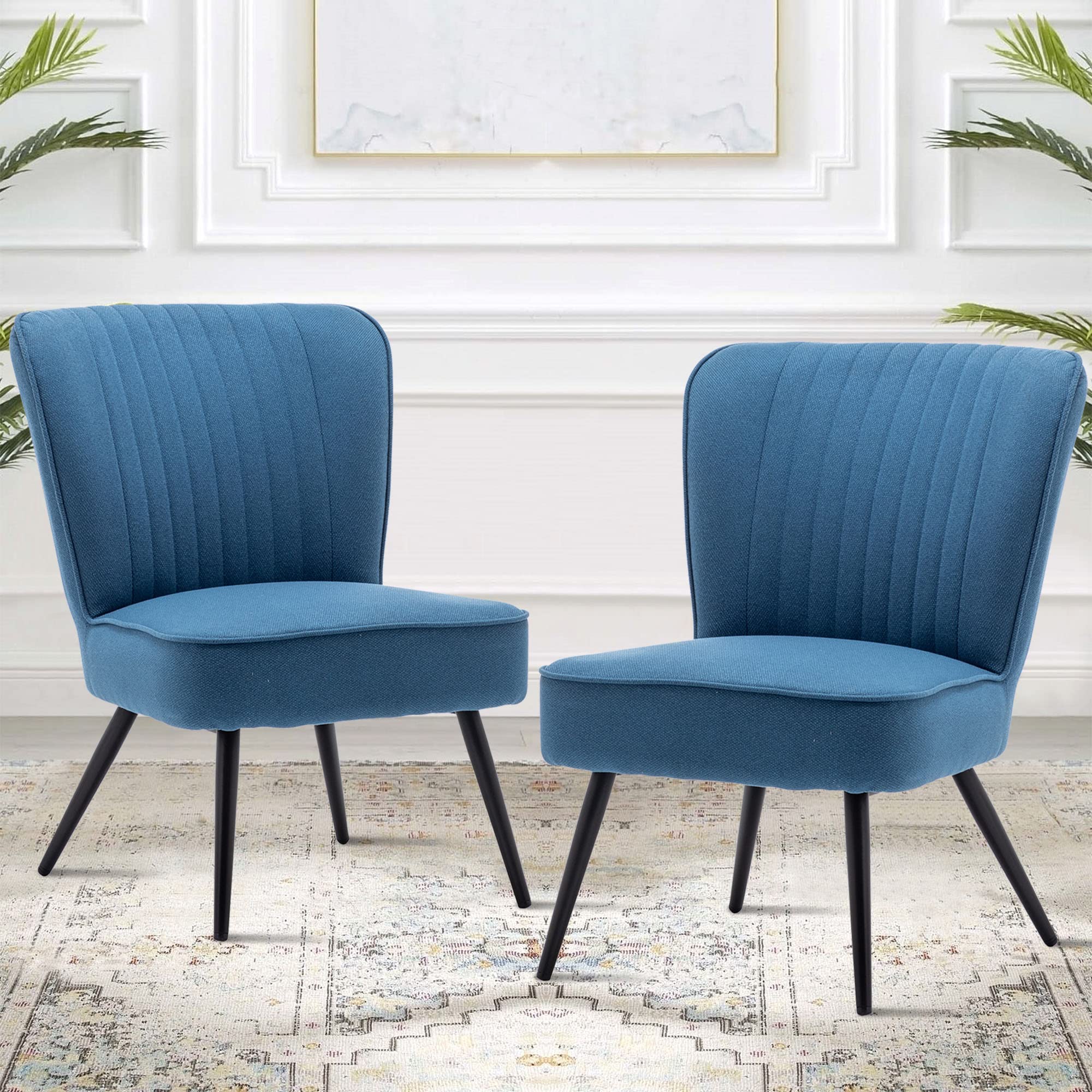 Armless Accent Chair Set of 2 - Upholstered Slipper Chairs with Metal Legs for Living Room, Dining Room, Home Office, Kitchen, Bistro & Cafe - Blue Modern Side Chairs | Perfect for Small Spaces, Reading Nooks & Conversation Areas