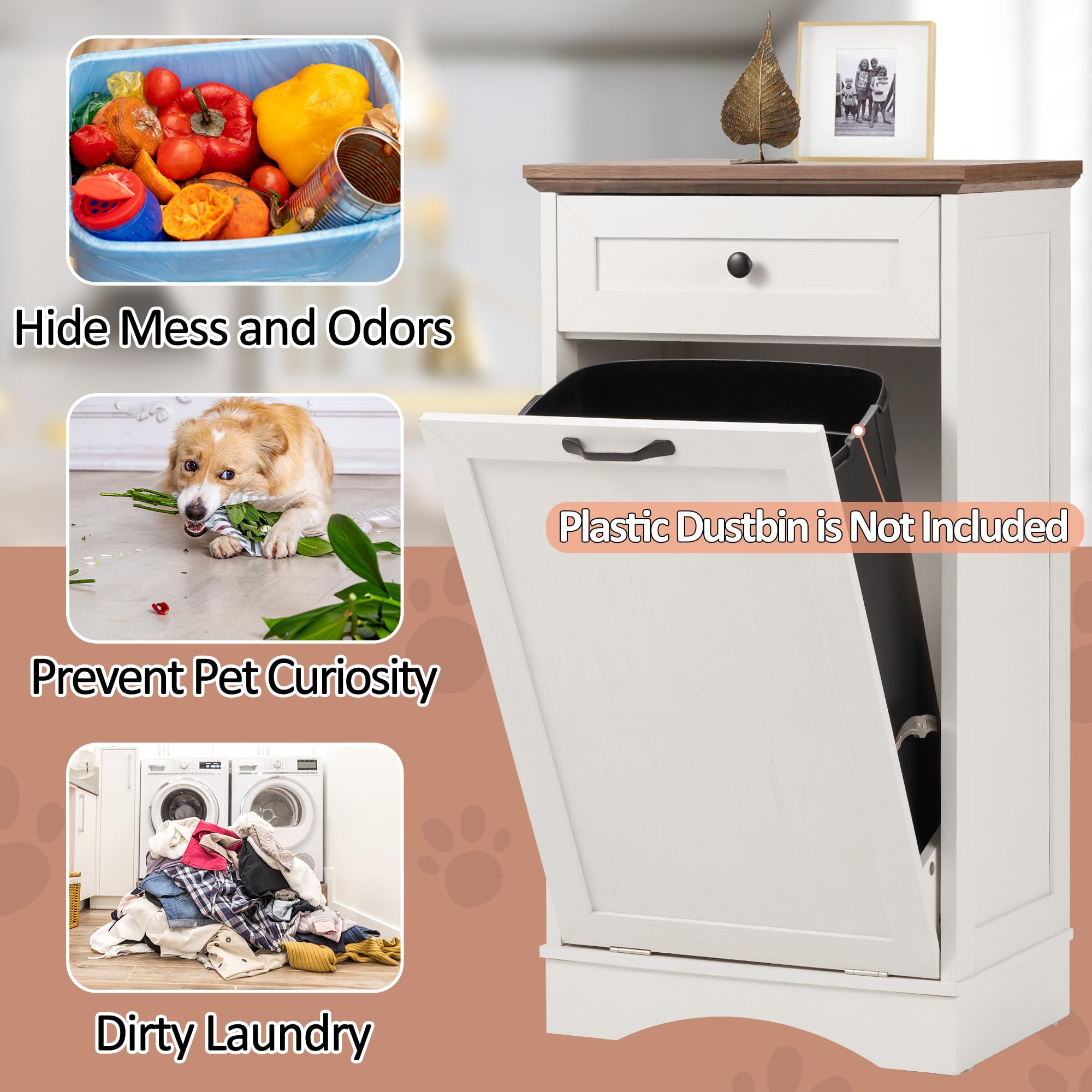 Spurgehom 13 Gallon Tilt-Out Trash Cabinet - Kitchen Waste Bin with Laundry Hamper, Pet-Proof Hidden Trash Can for Kitchen & Living Room in Antique White - Perfect for Small Spaces, Apartments & Pet Owners