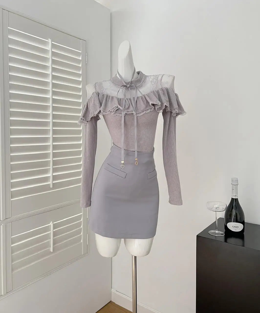 Elegant Women's Grey Patchwork Lace Ruffle Edge Long Sleeve Knit Top & High Waist Slim Short Skirt 2-Piece Set for Fall Winter Fashion | Office Wear & Date Night Outfits
