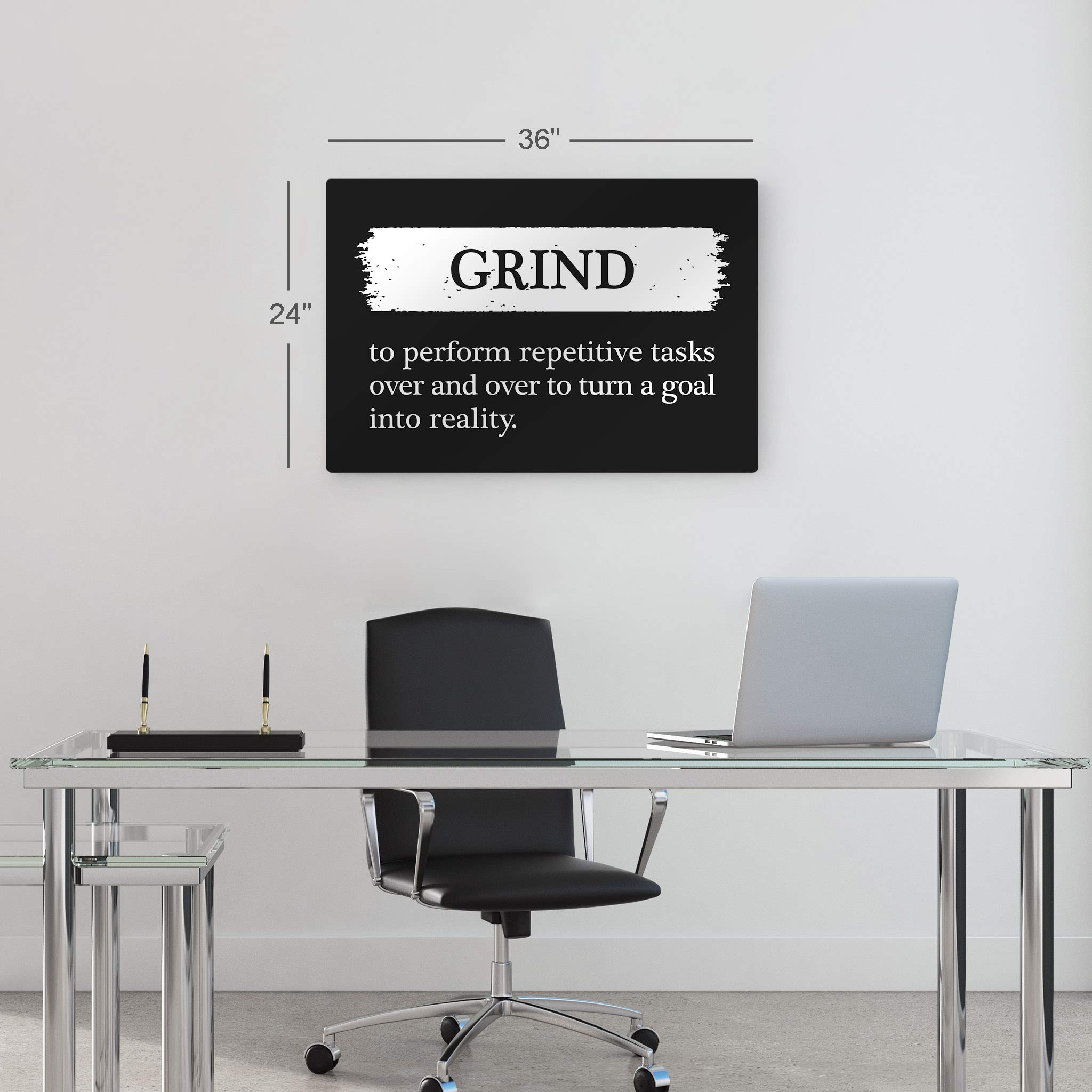 Smile Art Design Grind Definition Black & White Motivational Metal Wall Art - Inspirational Office Decor with Entrepreneur Quote - Modern Home & Office Wall Art for Living Room, Bedroom - Perfect Gift Idea (24x36 Inches, Ready to Hang) - Ideal for Home Offices, Dorm Rooms & Workspace Motivation