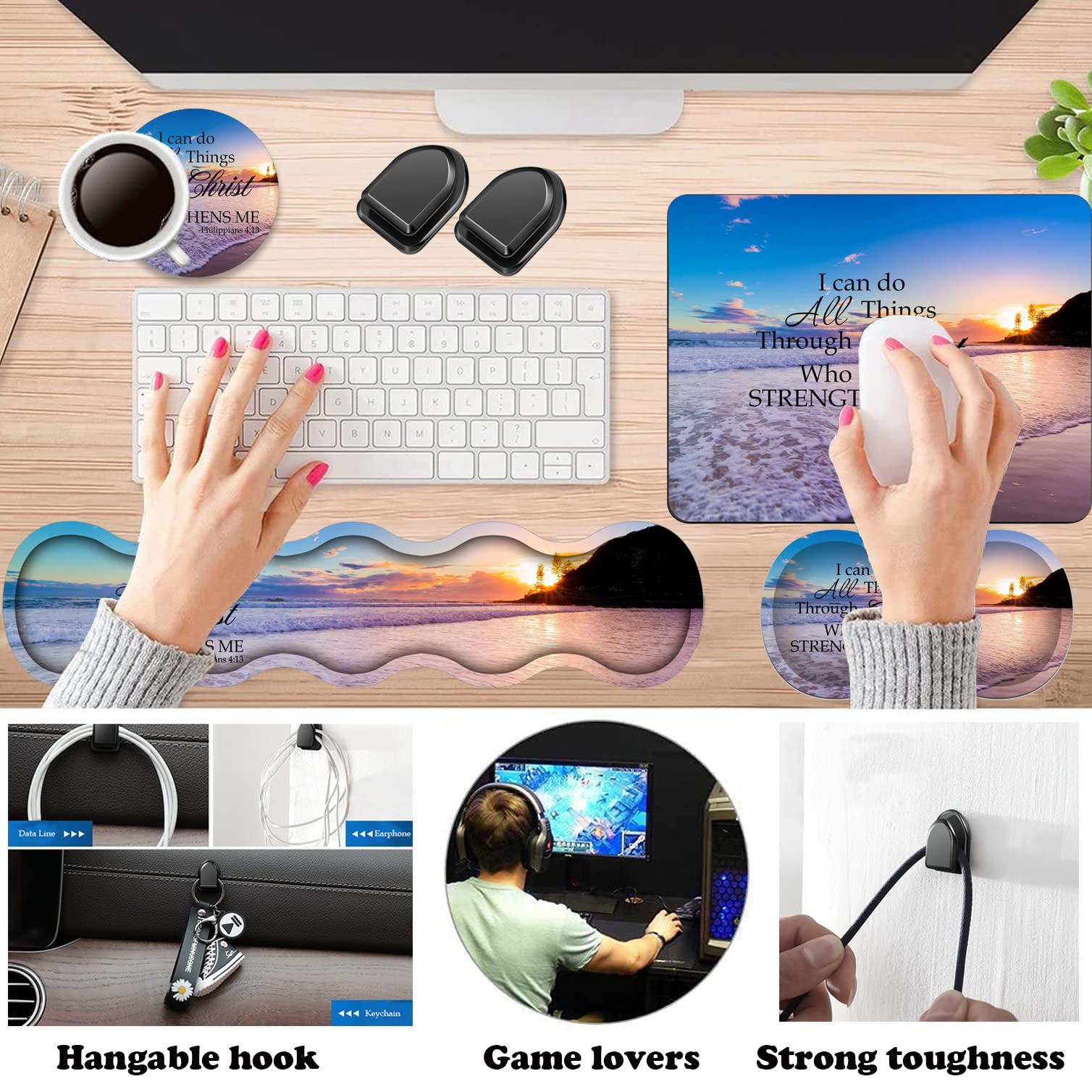 Ergonomic Keyboard & Mouse Wrist Rest Pad Set with Anti-Slip Mouse Pad & Coaster - Comfortable Wrist Support for Pain Relief - Perfect for Home, Office & Gaming Workstations - Bible Verse Philippians 4:13 Design