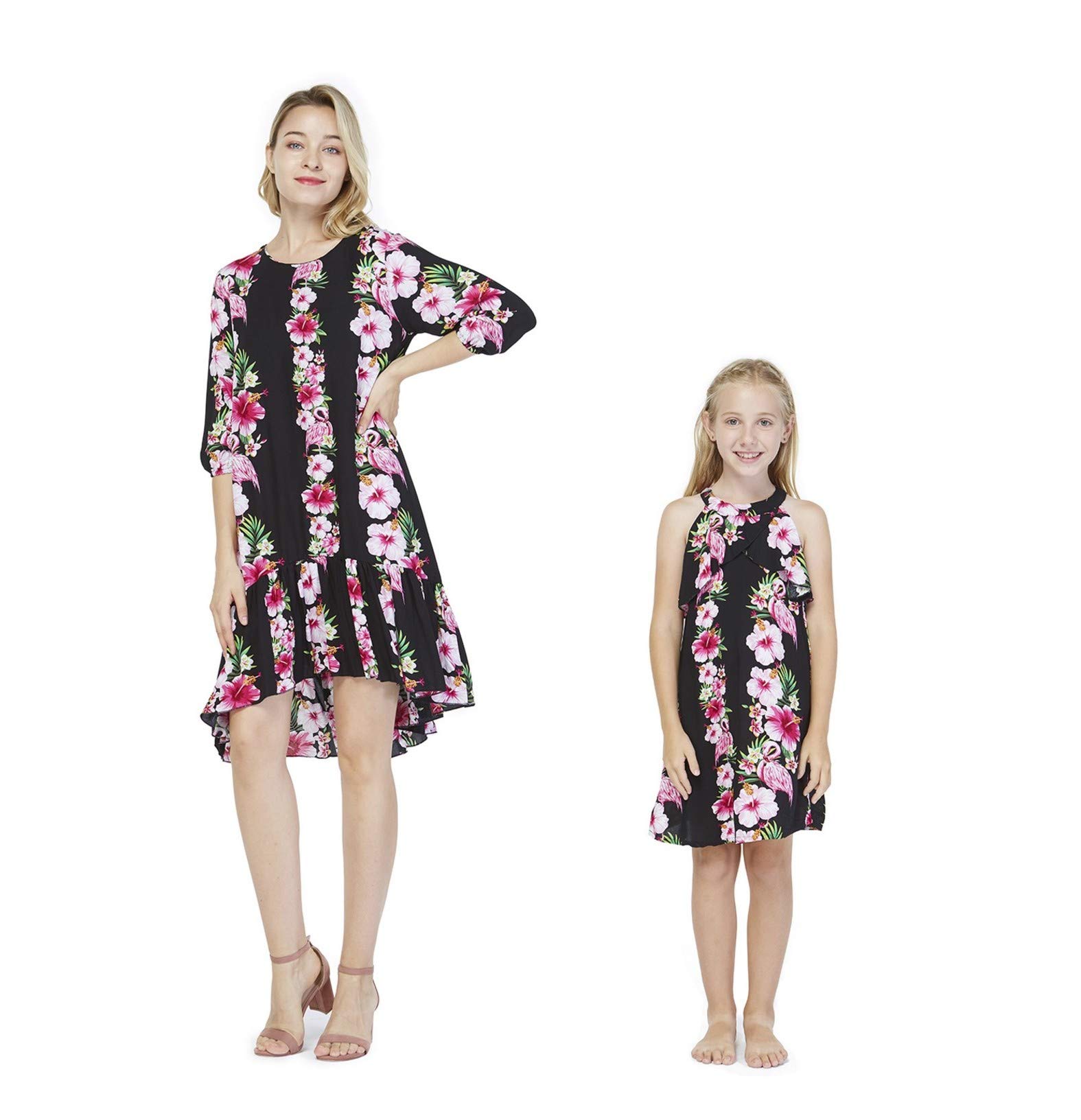 Matching Hawaiian Luau Mother Daughter 3/4 Sleeve Mermaid Ruffle Dress - Pink & Black Hibiscus Vine Floral Print - Perfect for Beach Parties, Family Photos & Tropical Vacations