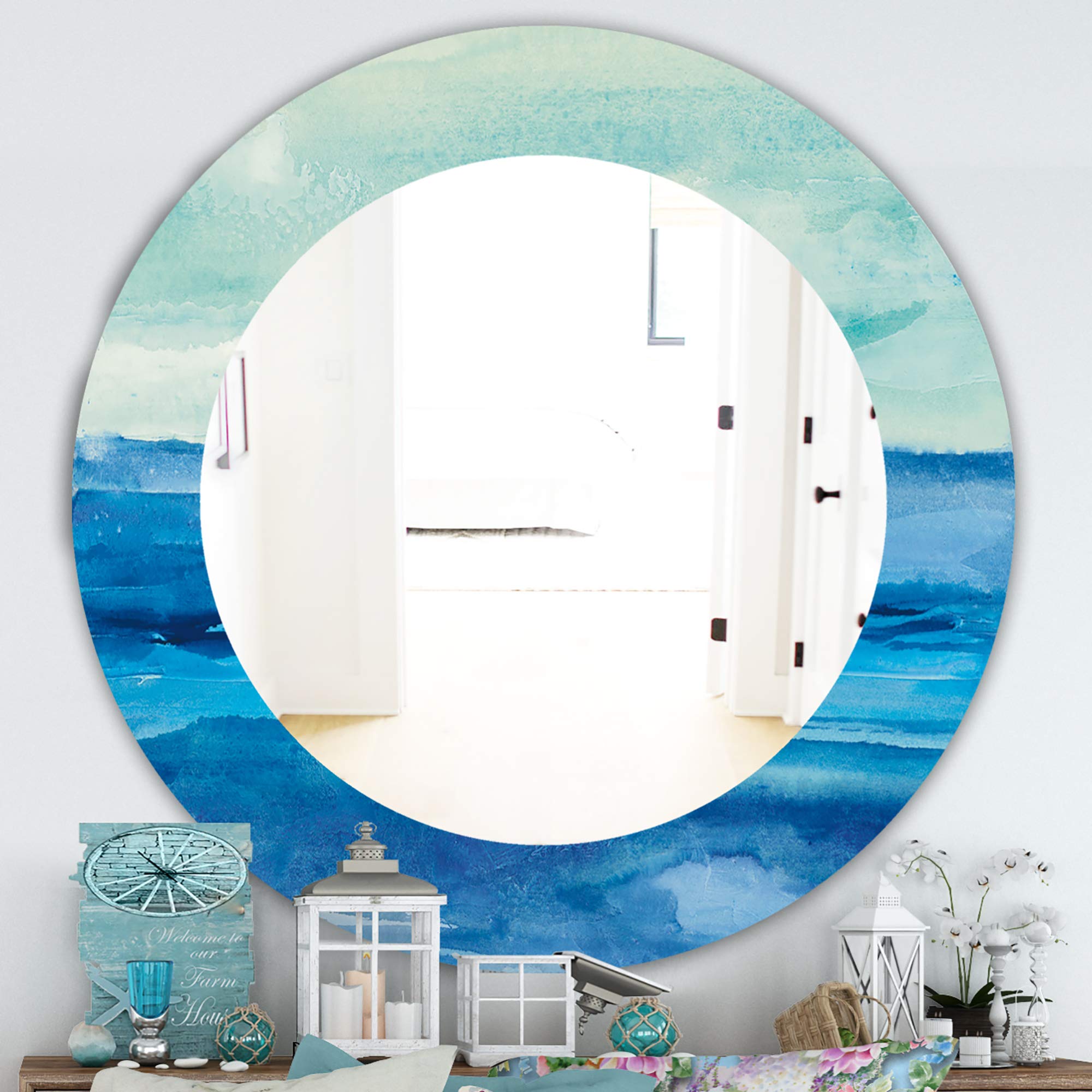 Designart 'Out to Sea' Traditional Framed Wall Mirror - Large 40x40 Inch Oval or Round Decorative Mirror in Blue - Perfect for Living Room, Bedroom & Bathroom Décor