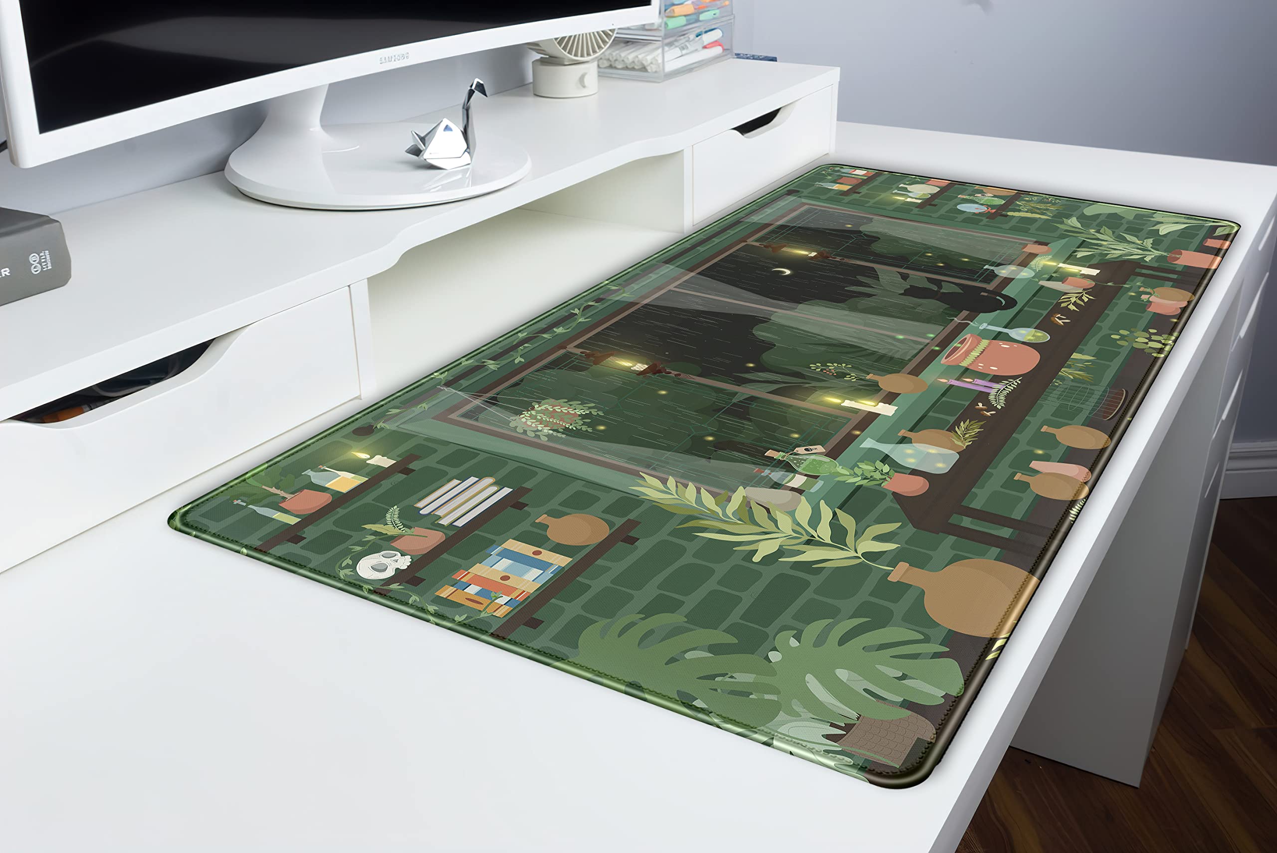 Green Plants & Black Cat Aesthetic XXL Gaming Mouse Pad (31.5