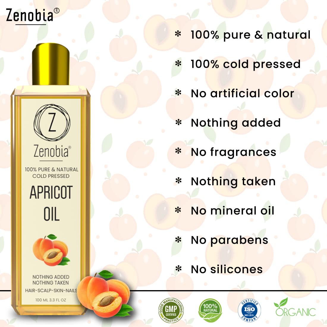 Zenobia Premium 100% Pure Cold Pressed Apricot Oil - Organic Hair Growth Treatment for Damaged Hair, Natural Skin & Body Moisturizer, Nail Care & Scalp Treatment, Non-GMO, 3.4 fl oz (100ml) - Perfect for Daily Hair Care, Skin Hydration & Nail Strengthening Routine