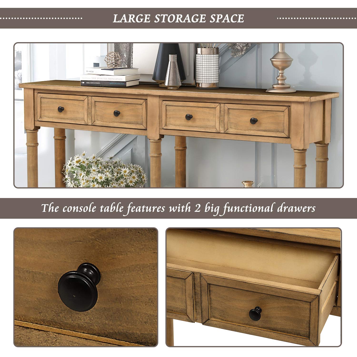 HOUAGI Entryway Console Table with 2 Storage Drawers & Bottom Shelf - Solid Wood Hallway Sofa Table for Living Room, Foyer - Easy Assembly (Old Pine) - Perfect for Small Spaces, Home Decor & Organizing Keys, Mail
