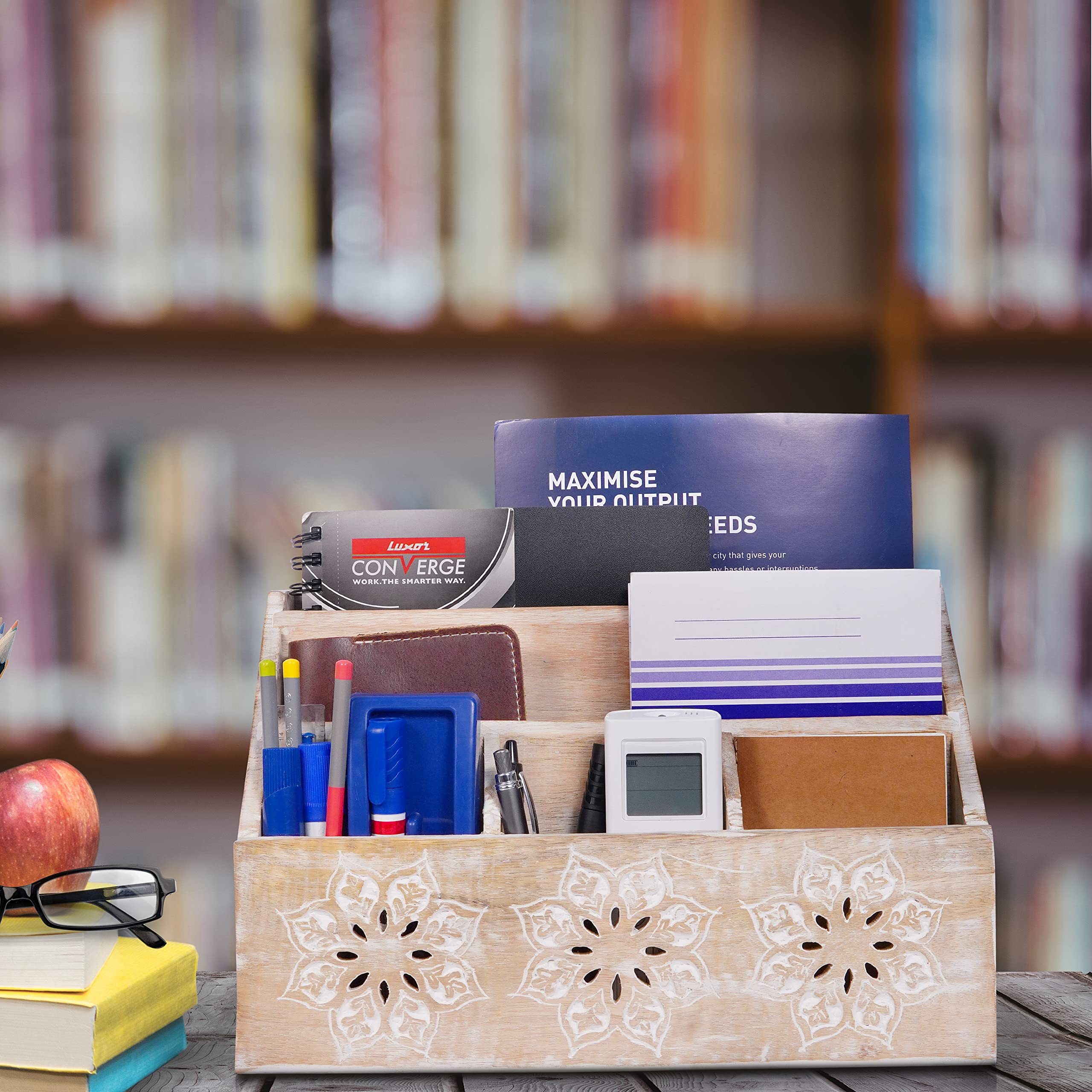 Mango Wood Mail Holder - 5 Compartment Desk Organizer for Home & Office - Rustic Farmhouse Decor