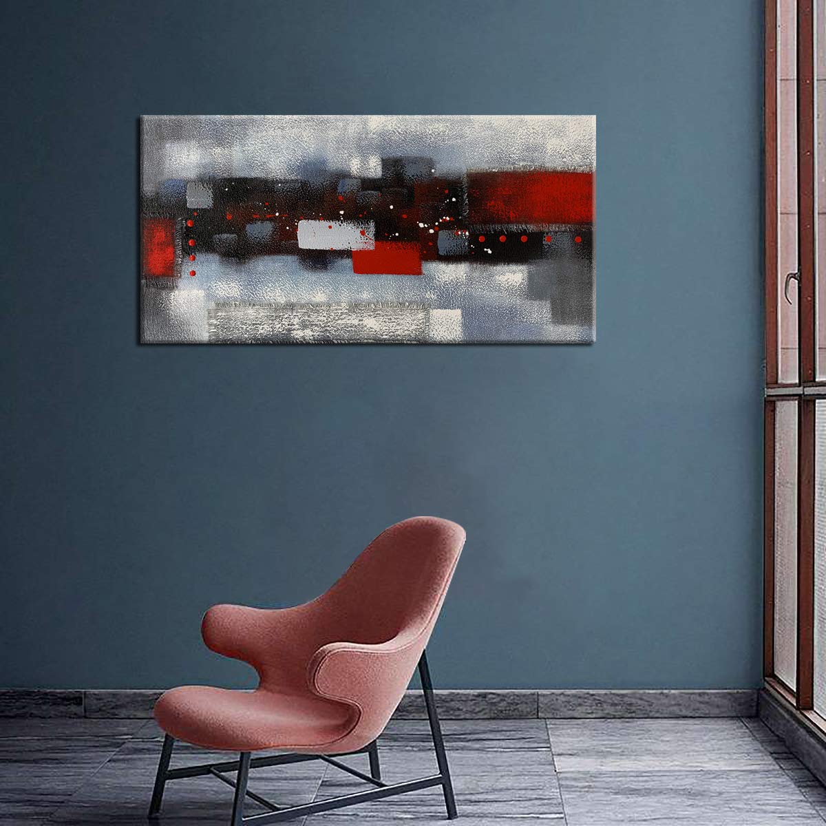 Large Abstract Red Gray Linen Wall Art - Hand Painted Textured Oil Painting on Canvas - Framed Ready to Hang 60x30 Inches - Perfect for Living Room, Bedroom & Office Decor