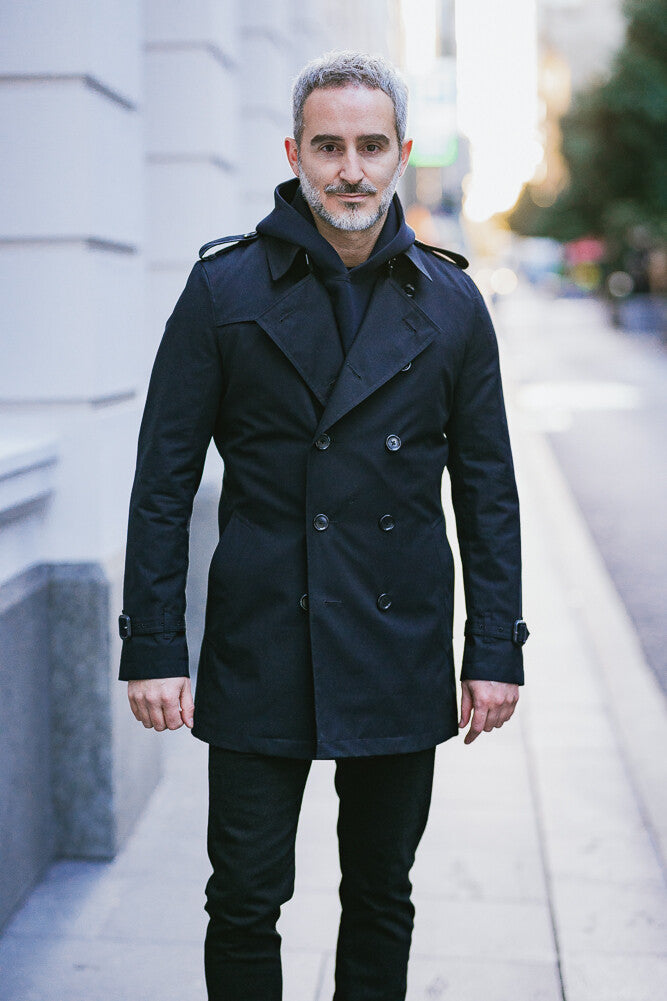 Theodore Men's Black Cotton Gabardine Trench Coat - Waterproof Long Coat for Business & Casual Wear