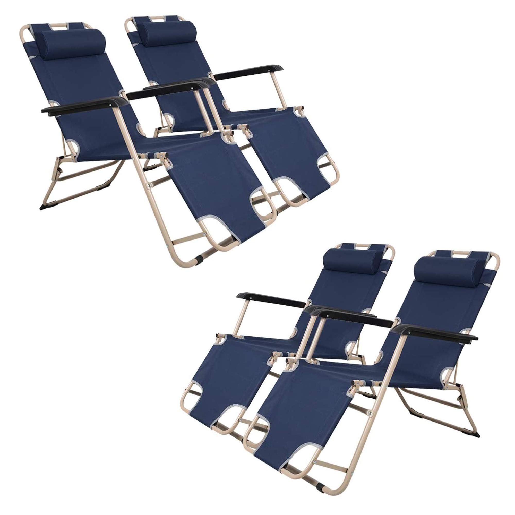 4 Pack Outdoor Chaise Lounge Chairs - Foldable Reclining Patio Chairs with Removable Adjustable Pillow, Lightweight Sunbathing Chairs for Poolside, Beach, Backyard & Garden (Dark Blue)