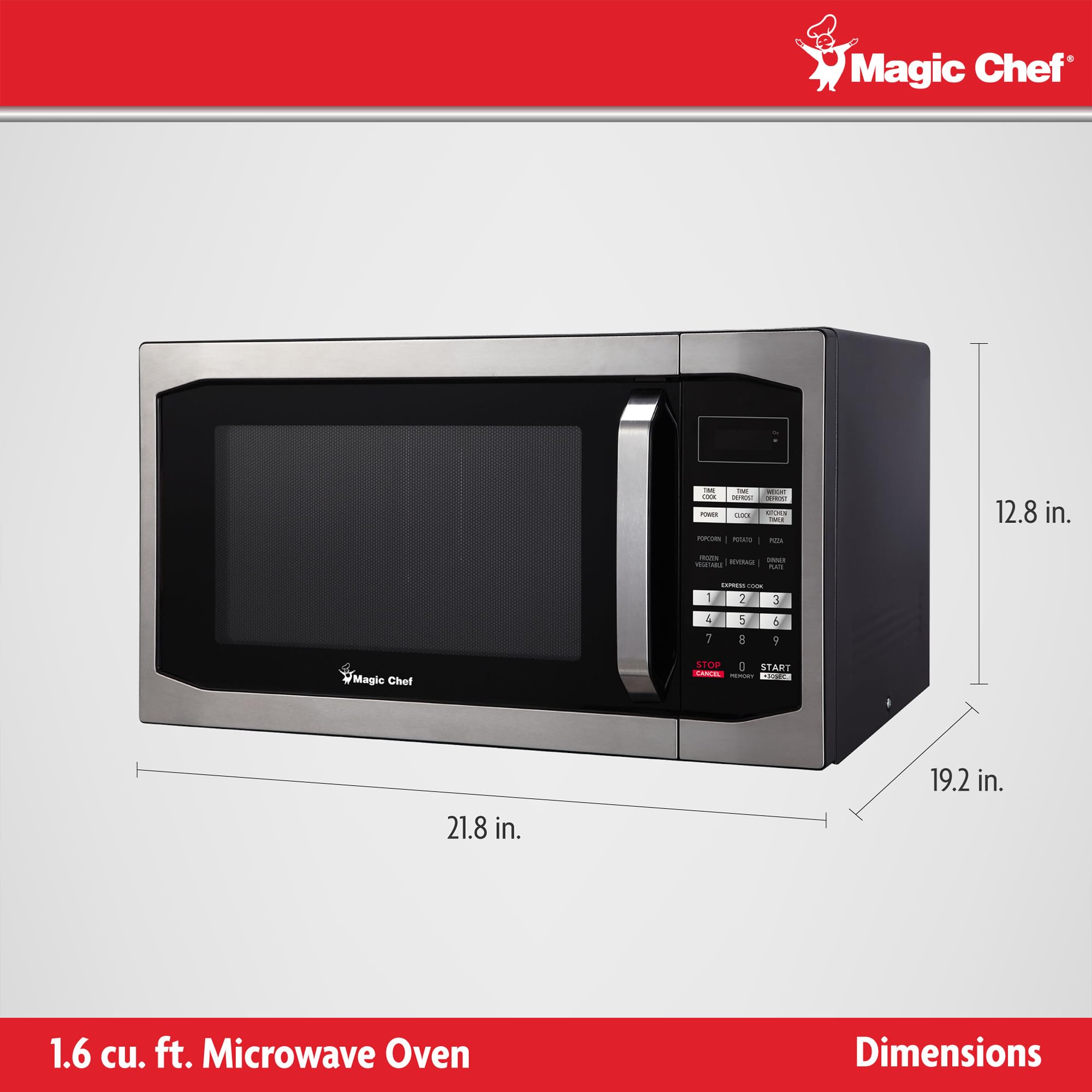 Magic Chef Countertop Microwave Oven - 1100W, 1.6 Cu Ft, Compact & Space-Saving Design, Stainless Steel - Perfect for Small Kitchens, Dorms, Offices & RVs