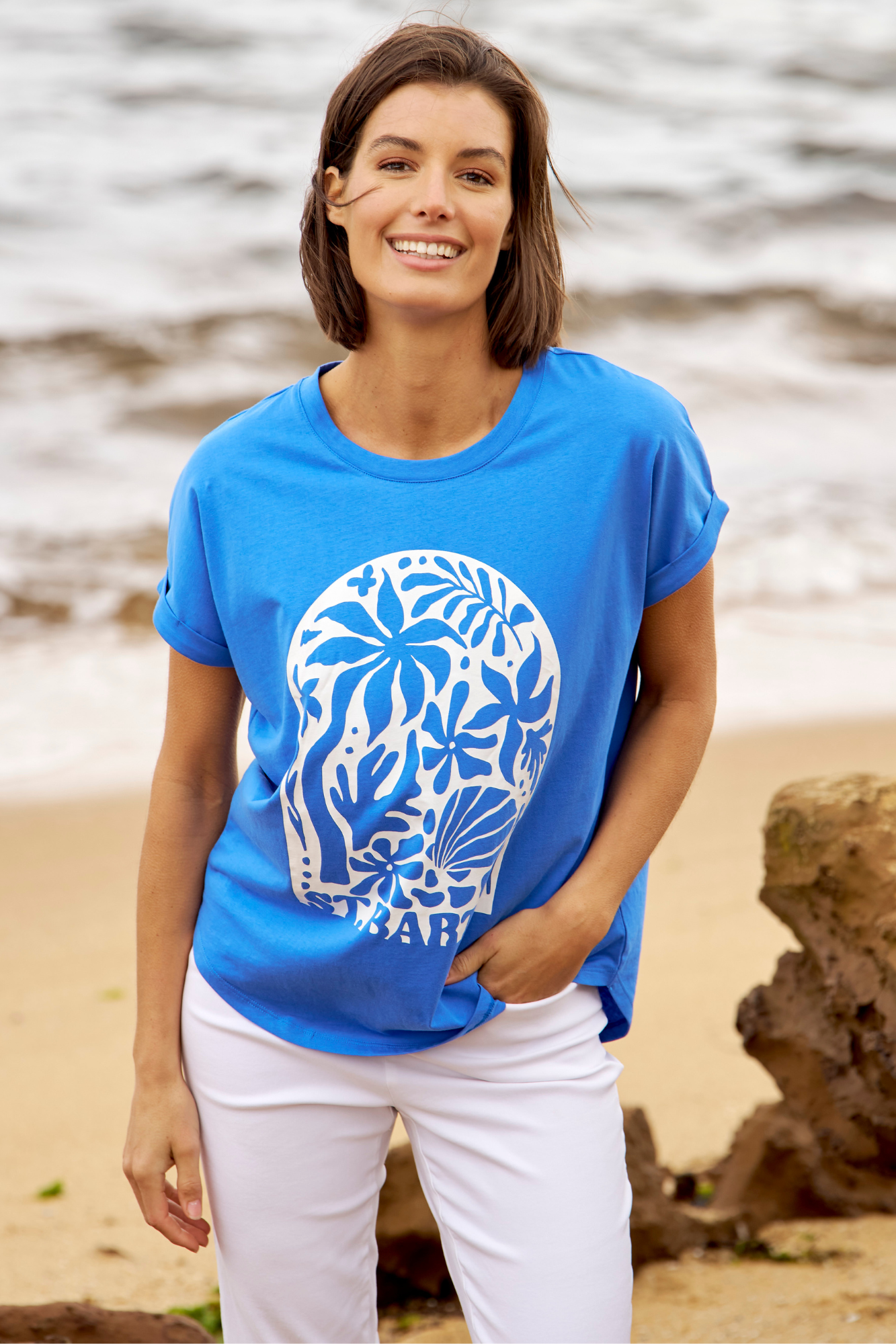 Betty Basics Hailey Short Sleeve T-Shirt with St. Palms Print - Women's Casual Graphic Tee for Summer, Beach, and Everyday Wear