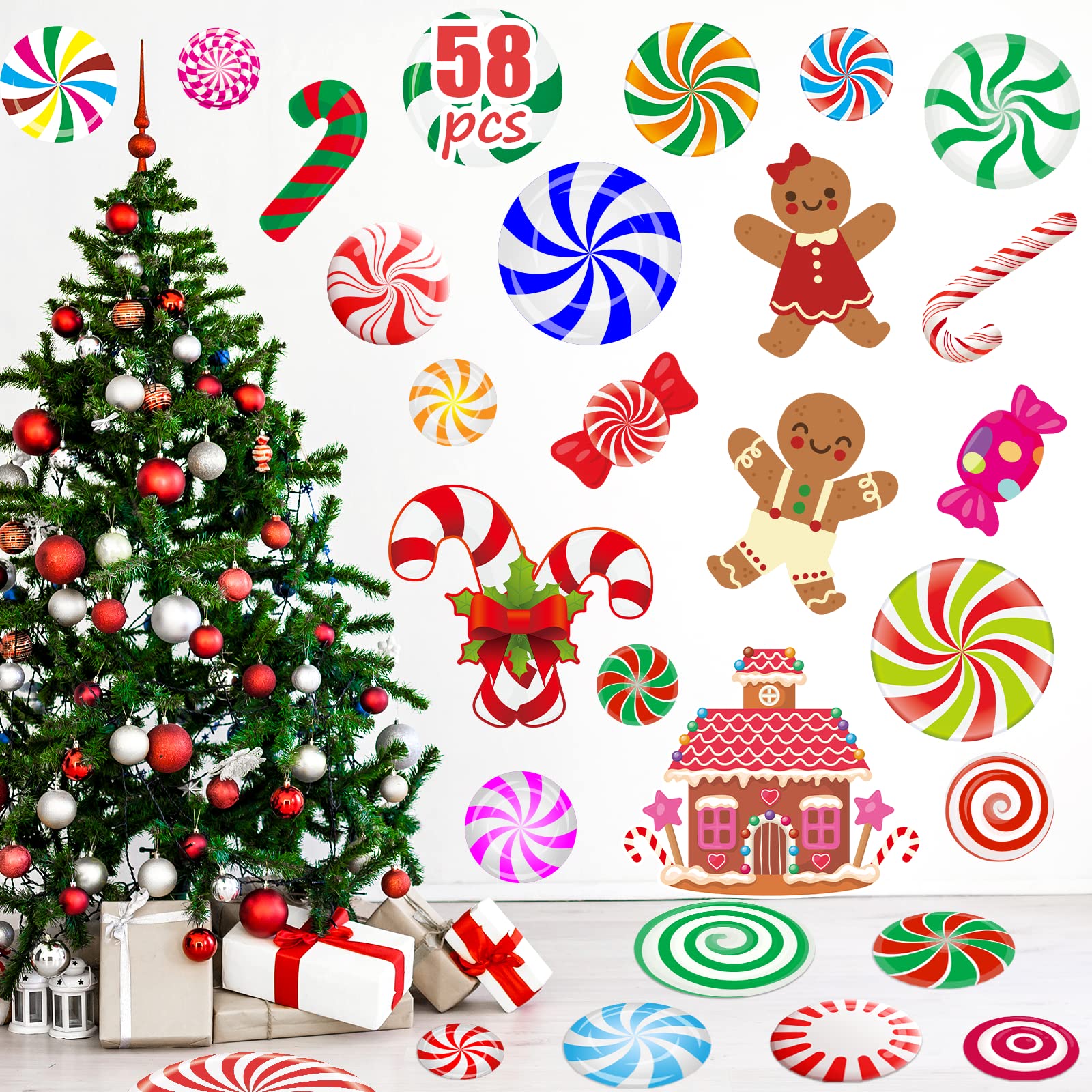 Joy Day 18-Piece Peppermint Floor Decals - Christmas Candy Party Decorations for Floors, Windows, Walls & Counters - Holiday Stickers for Xmas Candy Land Theme Party, Home & Office Decor