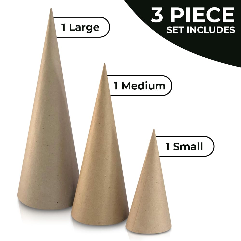 3PCS Paper Mache Craft Cones - Open Bottom Cardboard DIY Gnomes, Ornaments & Tree Decorations for Fall, Halloween, Christmas - 3 Sizes (13.75x5, 10.63x4, 7x3 inches) - Perfect for Holiday Crafts, Home Decor & DIY Art Projects