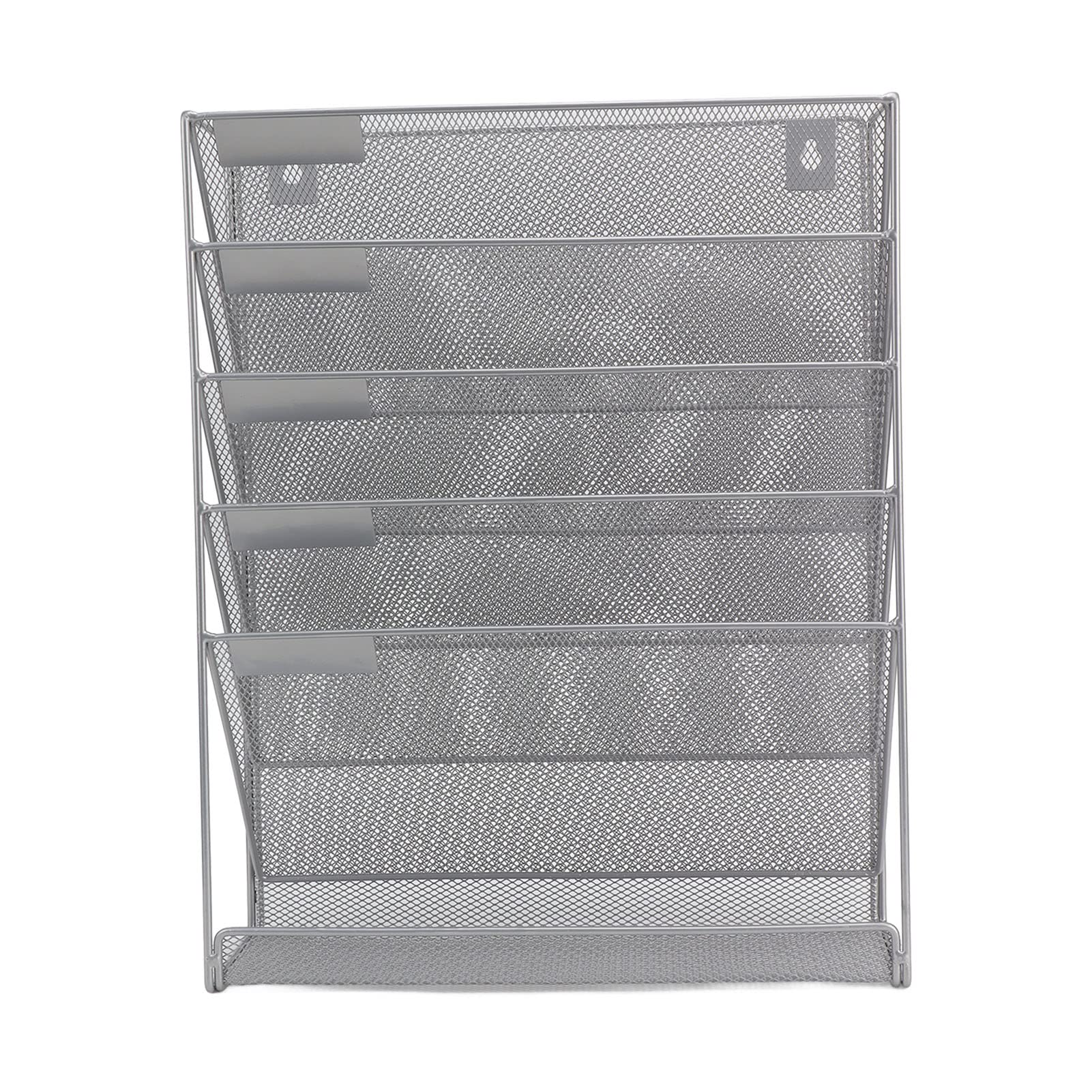 5 Tier Wall File Organizer - Metal Wall Mounted Magazine Rack for Office & Home - Space Saving Document Storage Shelf for Bills, Letters, Books - Silver Grid Holder for Organization & Decluttering