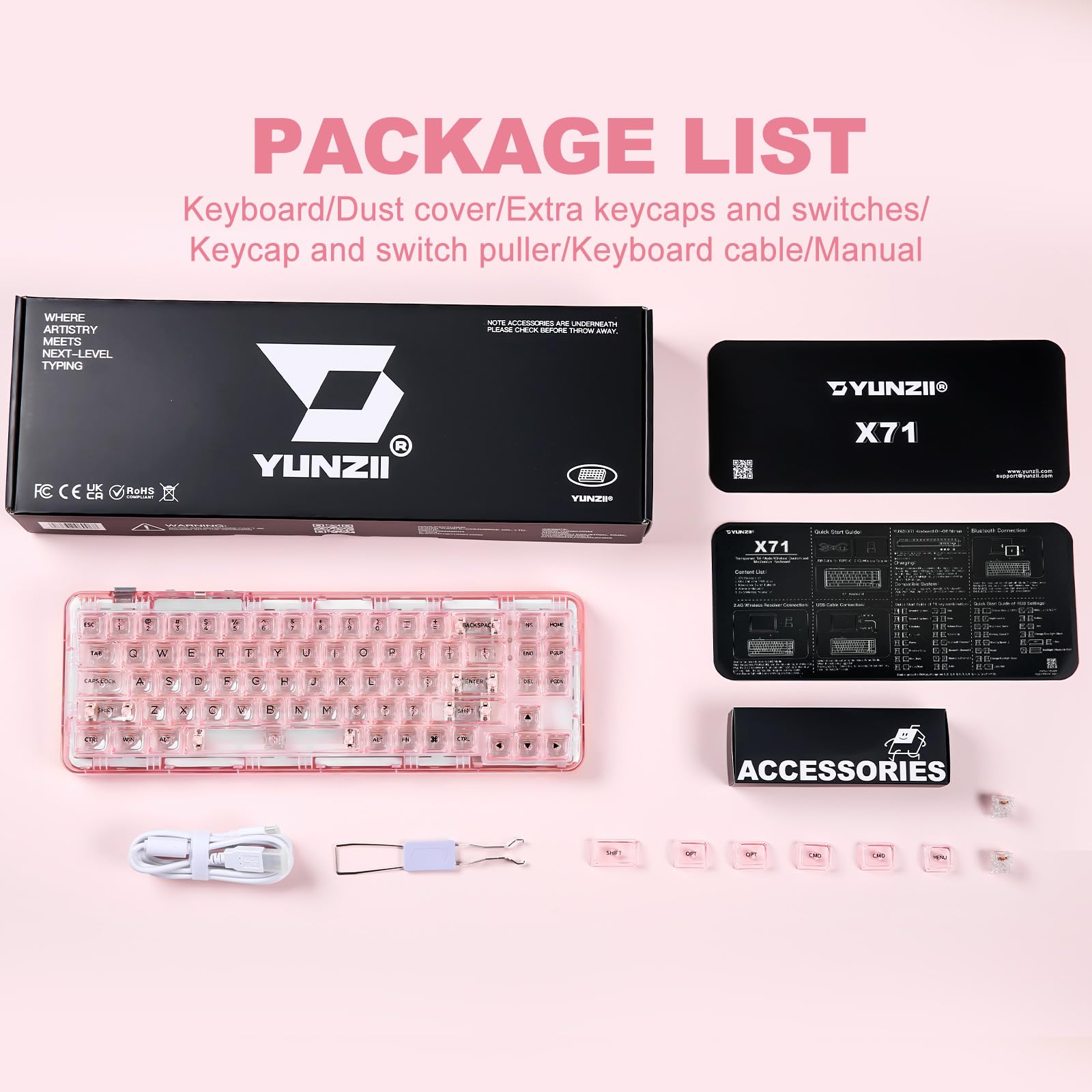 YUNZII X71 68% Wireless Mechanical Keyboard - Hot Swappable, Transparent Design with Clear Keycaps, BT5.0/2.4G/USB-C Connectivity, RGB Backlit, Gasket Mount for Windows/Mac (Crystal Ice Switch, Pink) - Perfect for Gaming, Office Work & Typing Enthusiasts