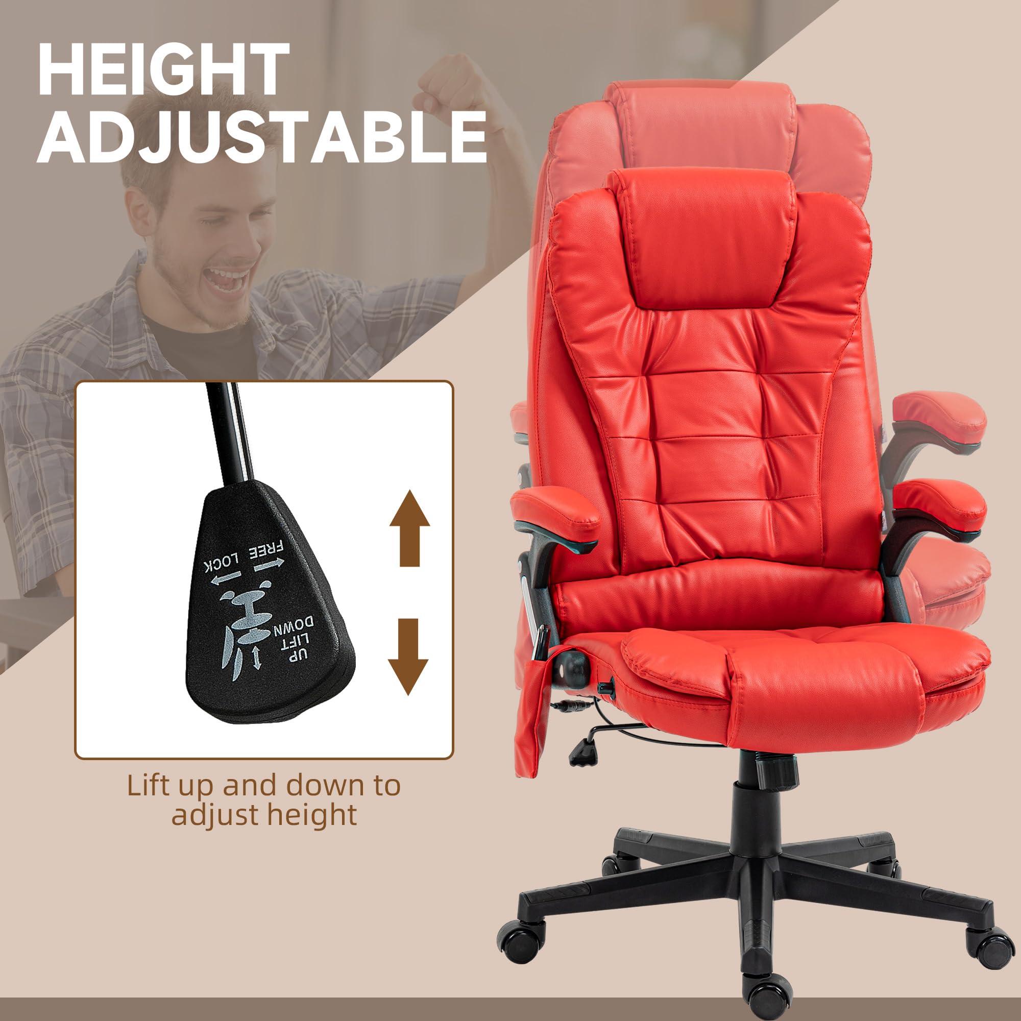 HOMCOM High Back Vibration Massage Office Chair with 6 Vibration Points & Heating - PU Leather Reclining Computer Chair with Adjustable Armrests & Remote Control (Red) - Perfect for Home Office, Gaming & Relaxation